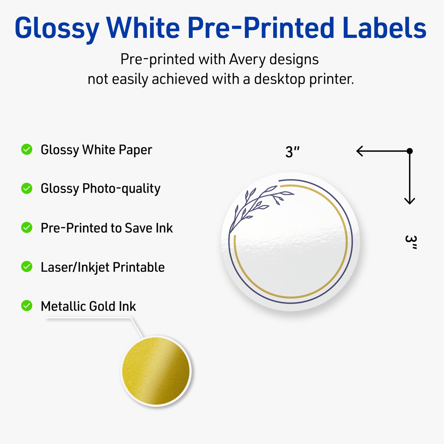 Avery Print-To-The-Edge Labels & Sure Feed, S00-DNG-PRWGP10, 3in Round, Glossy White, Preprinted Gold & Navy Border & Floral Design, Pack Of 60 - Image 4