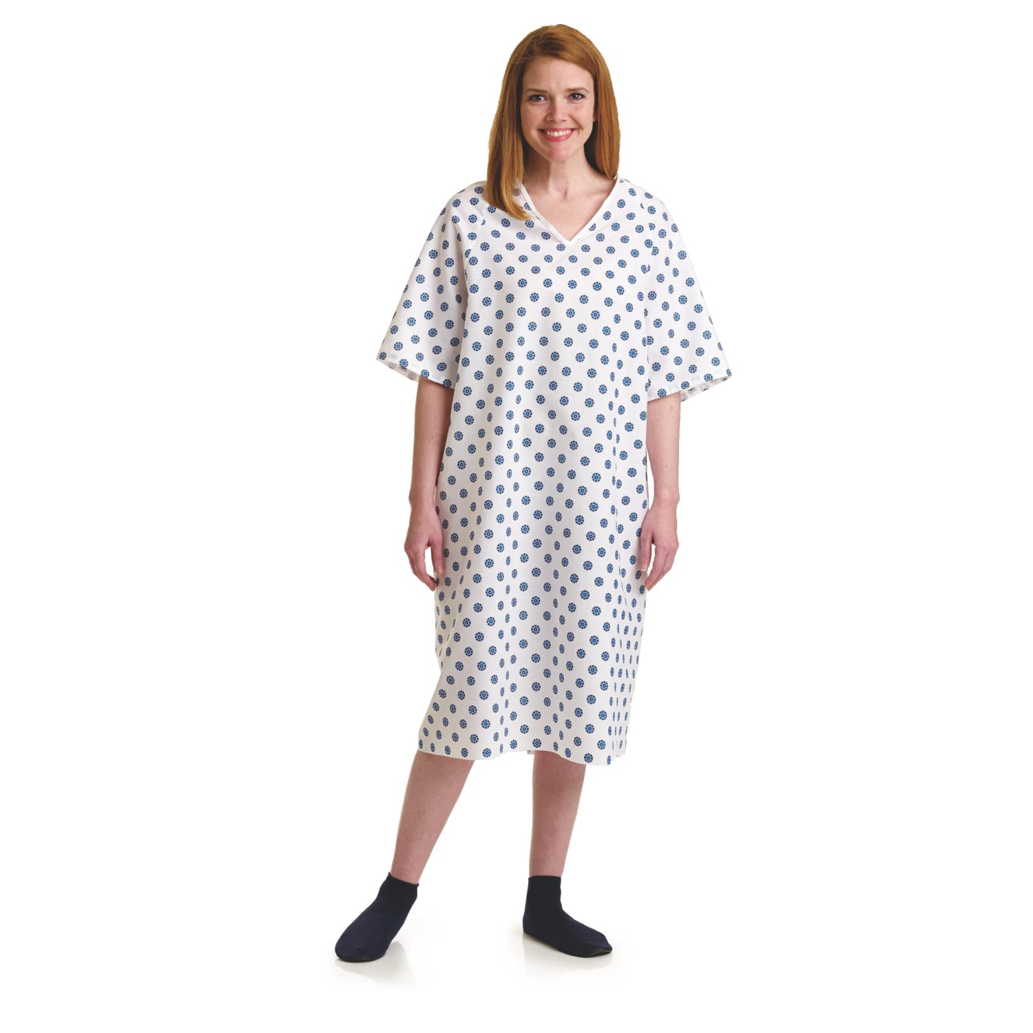 Medline Overlap Back-Snap Patient Gowns, 59in, Snowflake, Pack Of 12