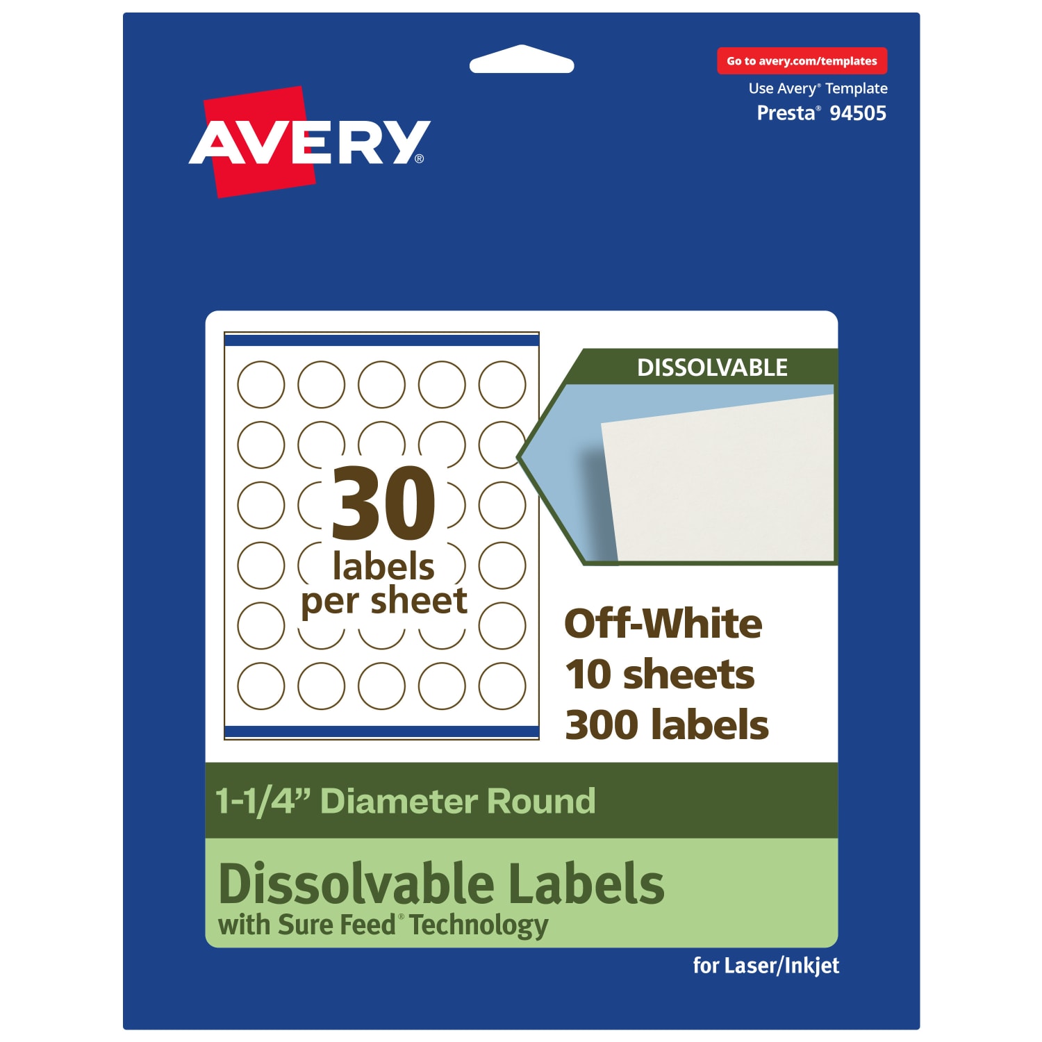 Avery Print-to-the-Edge Dissolvable Labels With Sure Feed Technology, 94505-DWMP10, Round, 1-1/4in, Matte Off-White, Pack Of 300