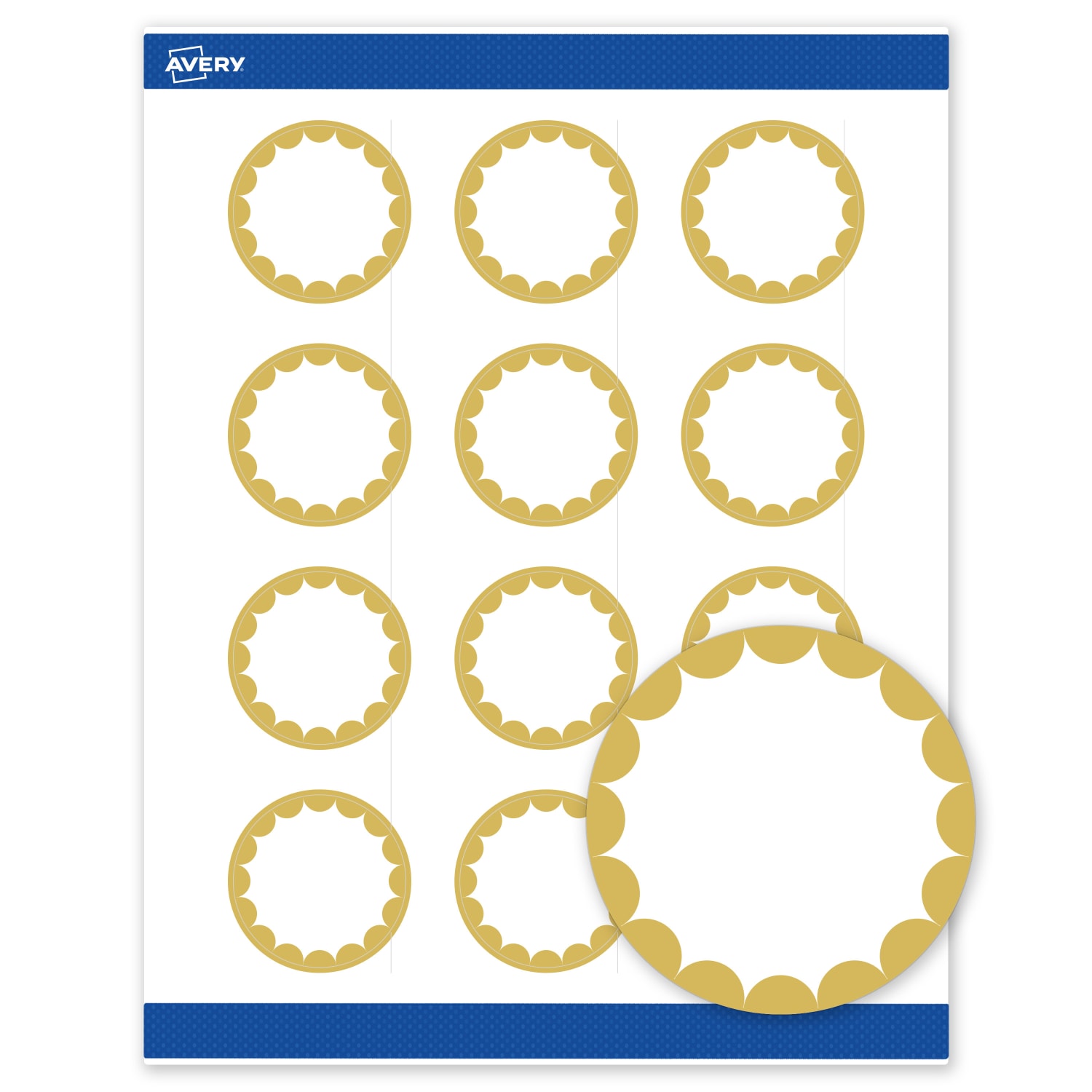 Avery Print-To-The-Edge Labels With Sure Feed Technology, S00-D1W-PRWMP10, Round, 2in, Matte White, Preprinted Gold Dots Edge Design, Pack Of 120 - Image 3