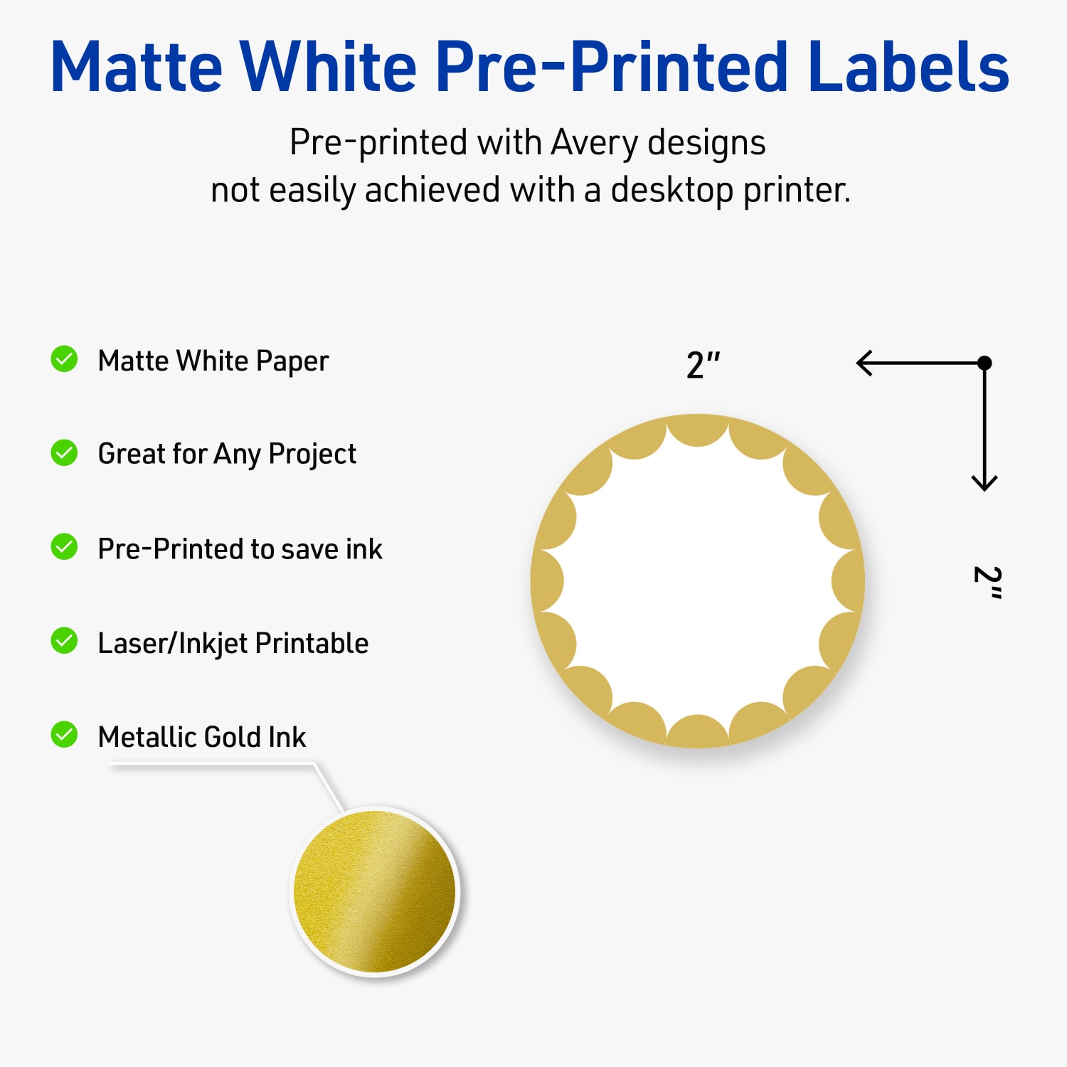 Avery Print-To-The-Edge Labels With Sure Feed Technology, S00-D1W-PRWMP10, Round, 2in, Matte White, Preprinted Gold Dots Edge Design, Pack Of 120 - Image 4