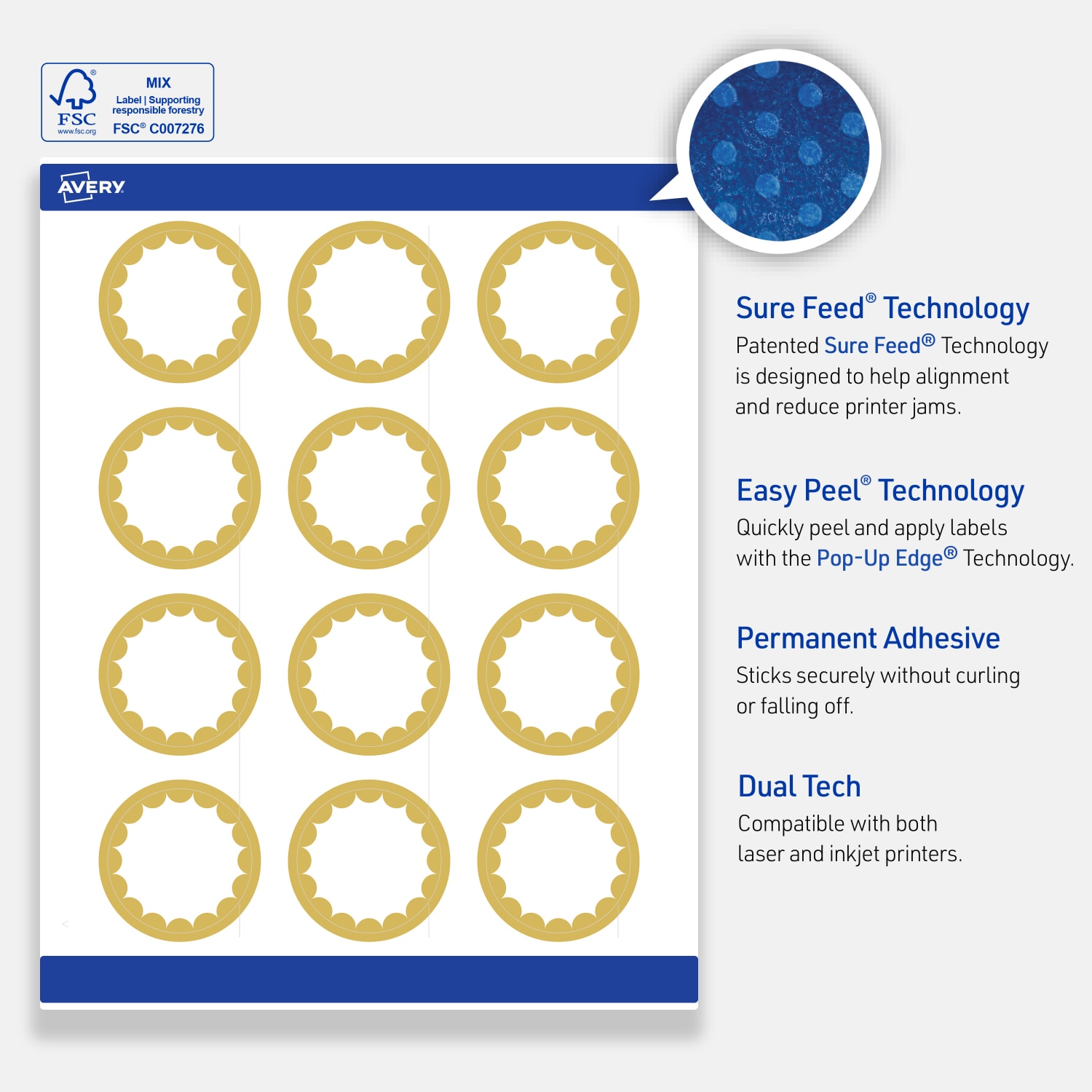 Avery Print-To-The-Edge Labels With Sure Feed Technology, S00-D1W-PRWMP10, Round, 2in, Matte White, Preprinted Gold Dots Edge Design, Pack Of 120 - Image 5