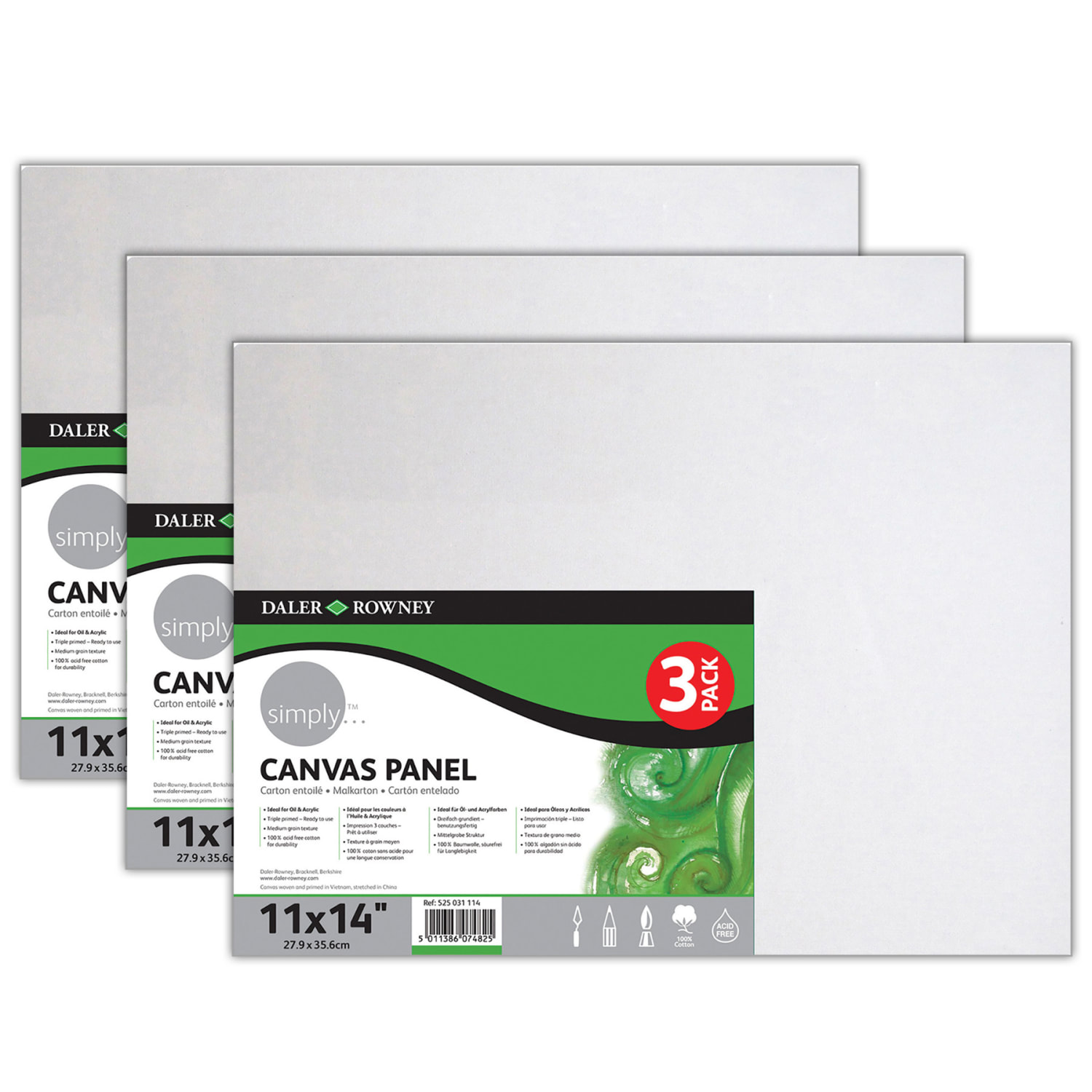 Daler-Rowney Simply White Cotton Canvas Panels, 14inH x 11inW x 3/8inD, White, 3 Panels Per Set, Bundle Of 3 Sets