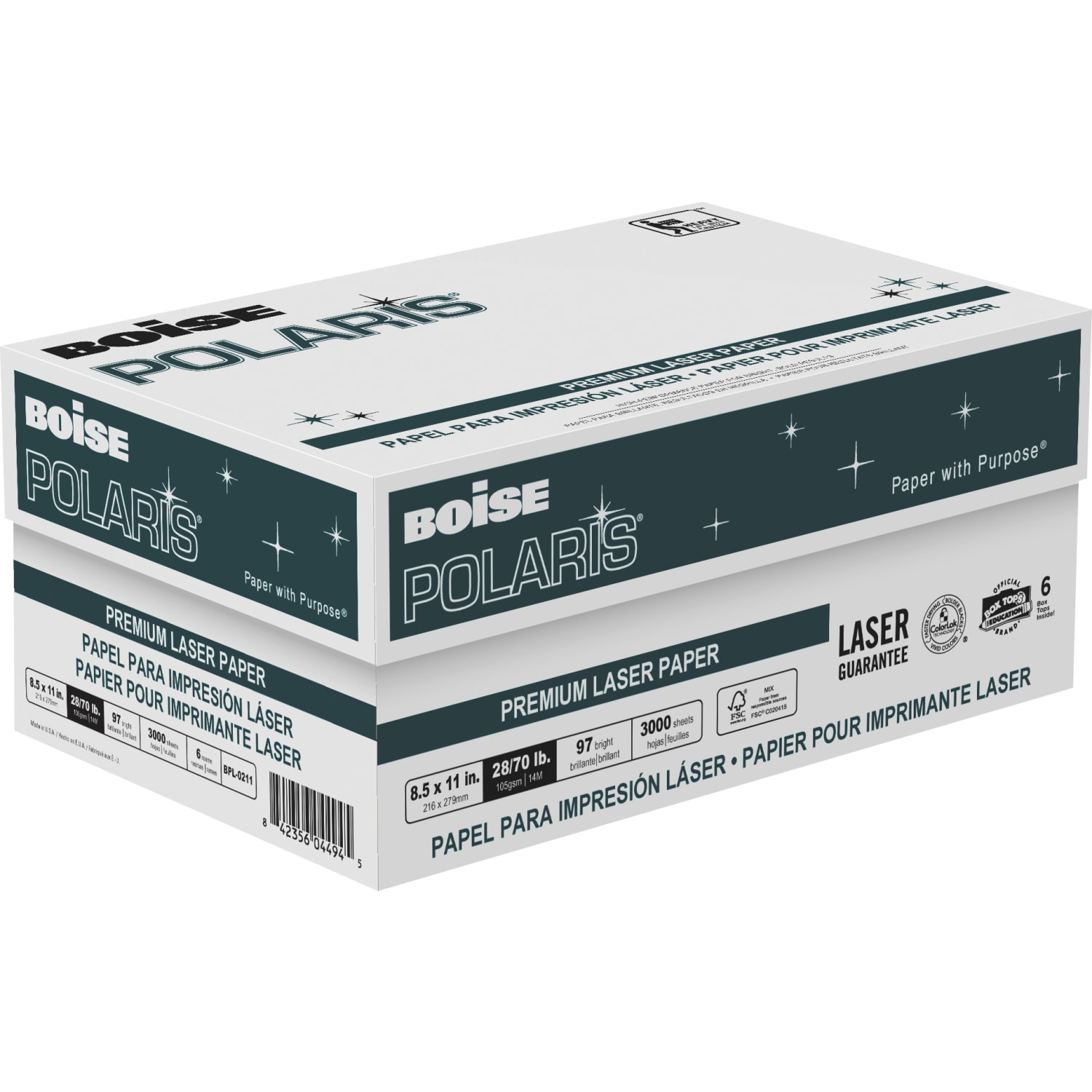Boise POLARIS Premium Laser Paper, 6 Reams, White, Letter Size (8 1/2in x 11in), 500 Sheets Per Ream, FSC Certified, 28 Lb, 98 Brigtness