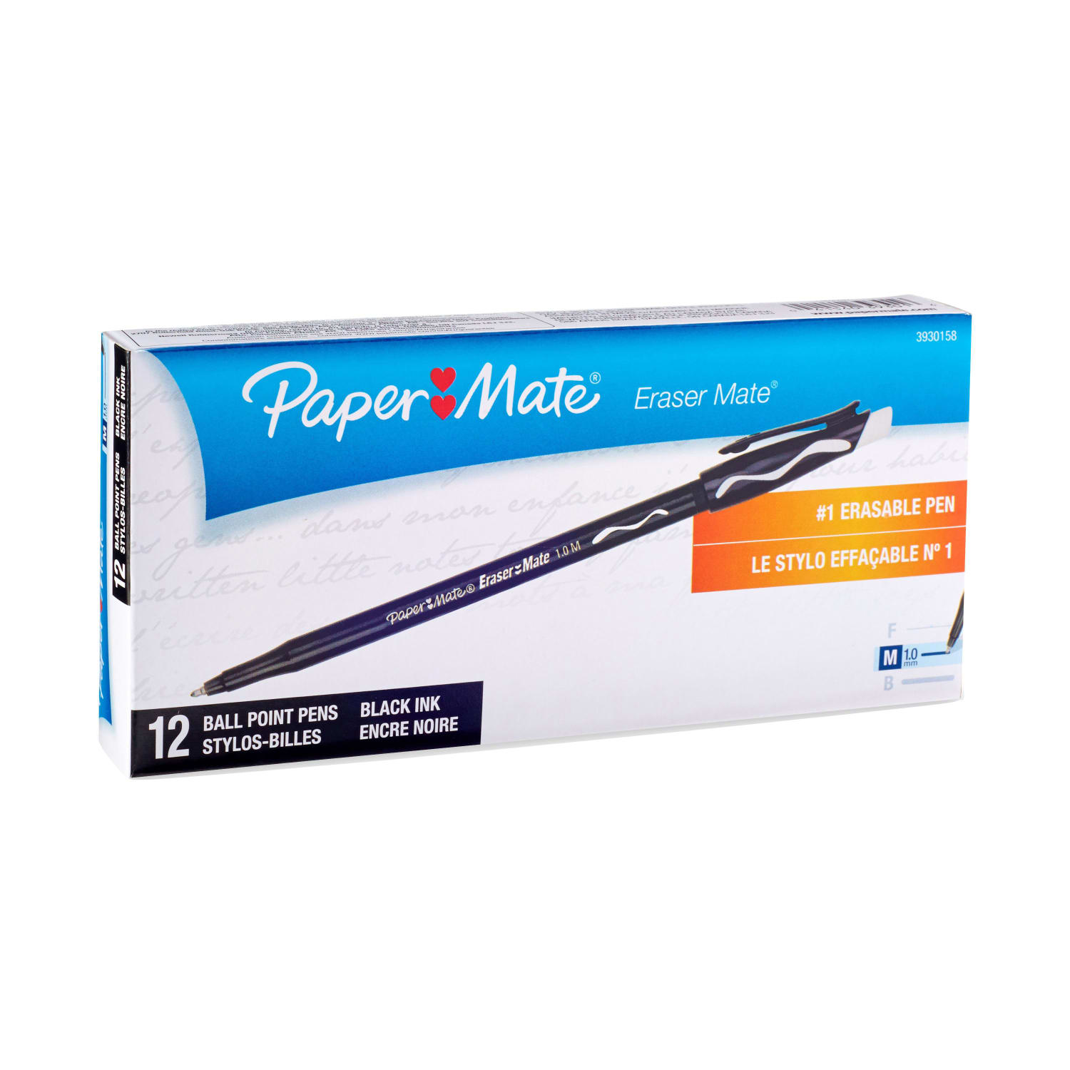 Paper Mate EraserMate Ballpoint Pens, Pack of 12, Medium Point, 1.0 mm, Black Barrel, Black Ink