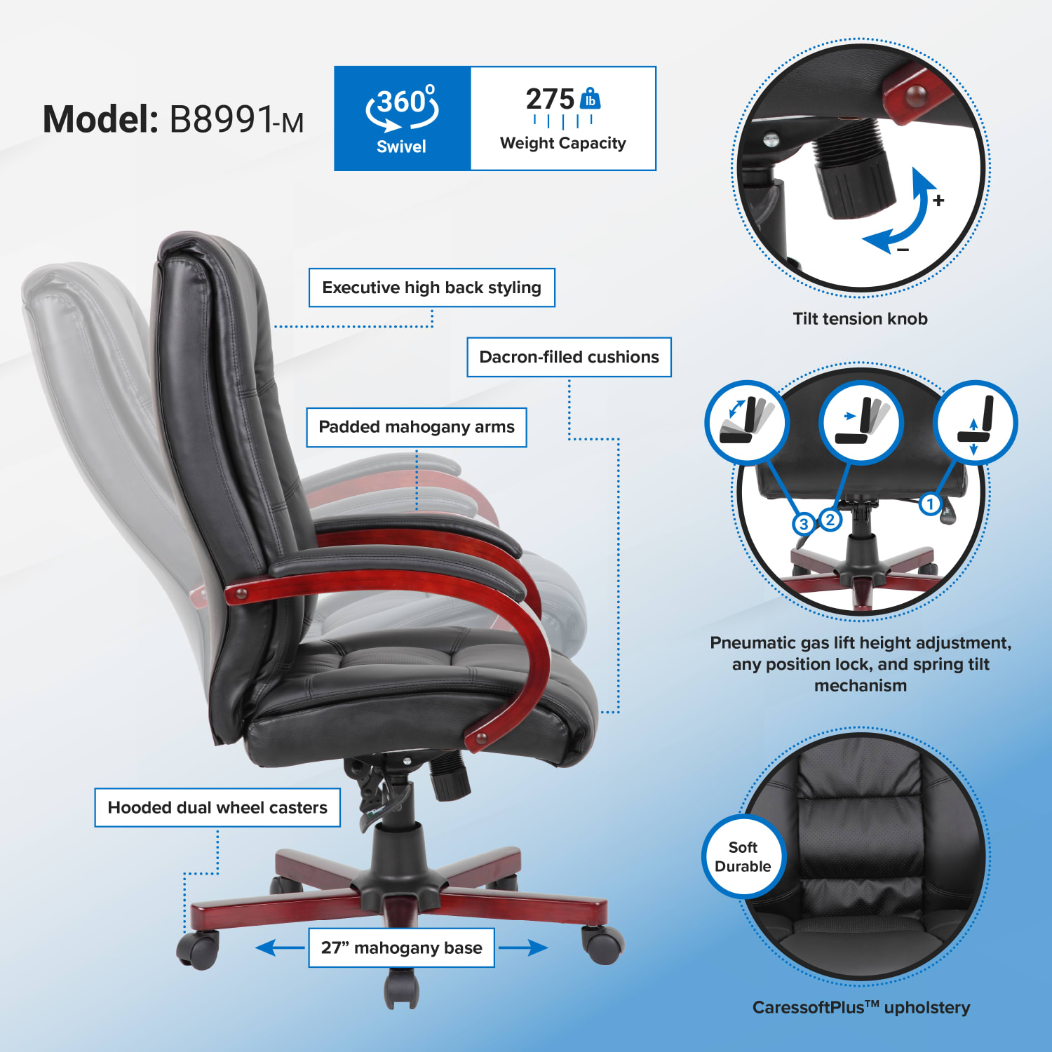 Boss Office Products Aaria Ergonomic Vinyl/Wood High-Back Chair, Black/Mahogany - Image 3