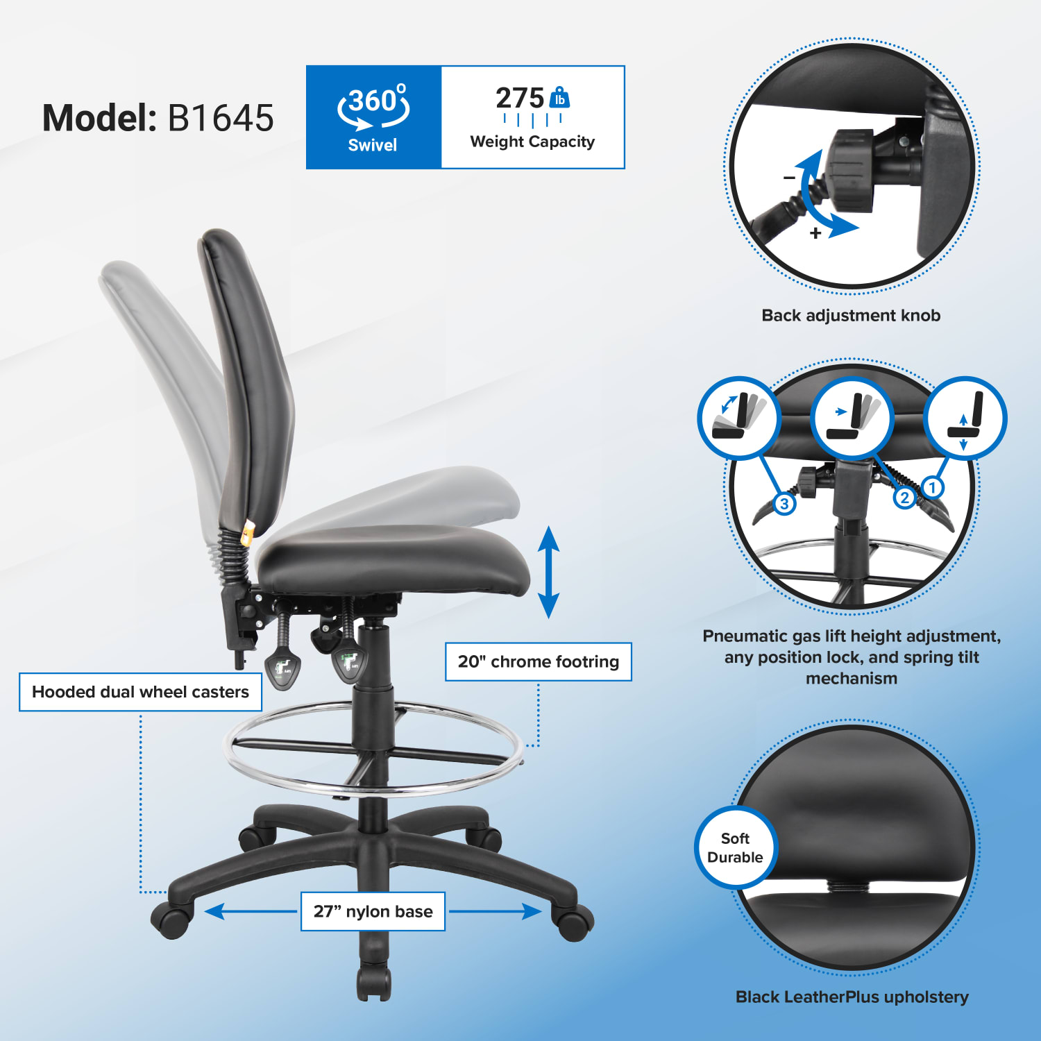 Boss Office Products LeatherPlus Bonded Leather Drafting Stool, Black/Chrome - Image 3