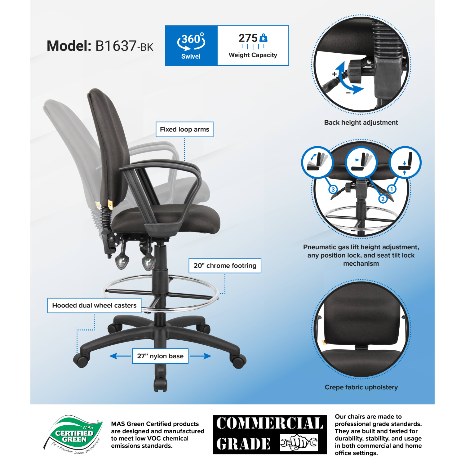 Boss Office Products Fabric Drafting Stool With Loop Armrests, Black/Chrome - Image 3