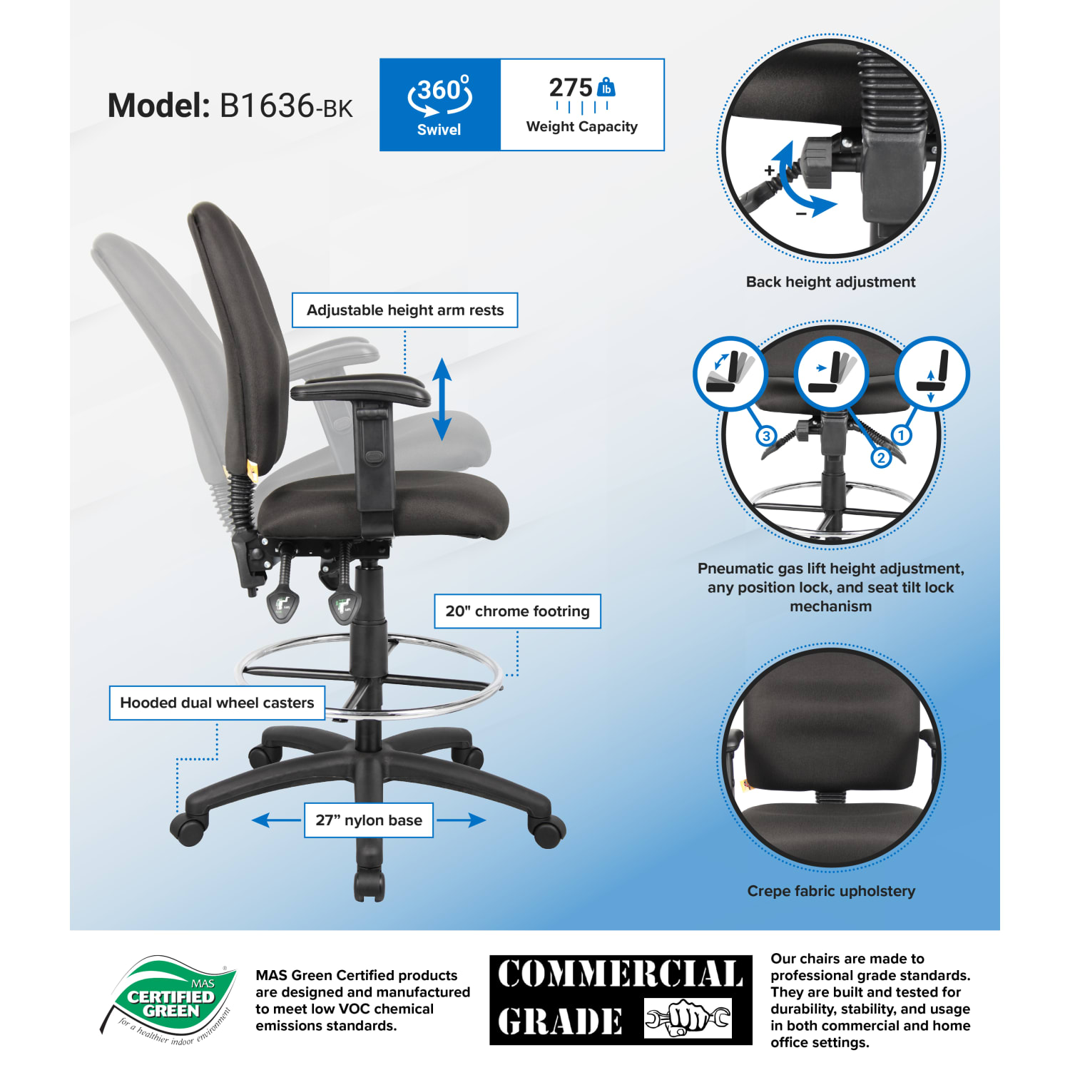 Boss Office Products Fabric Drafting Stool With Adjustable Arms, Black/Chrome - Image 3
