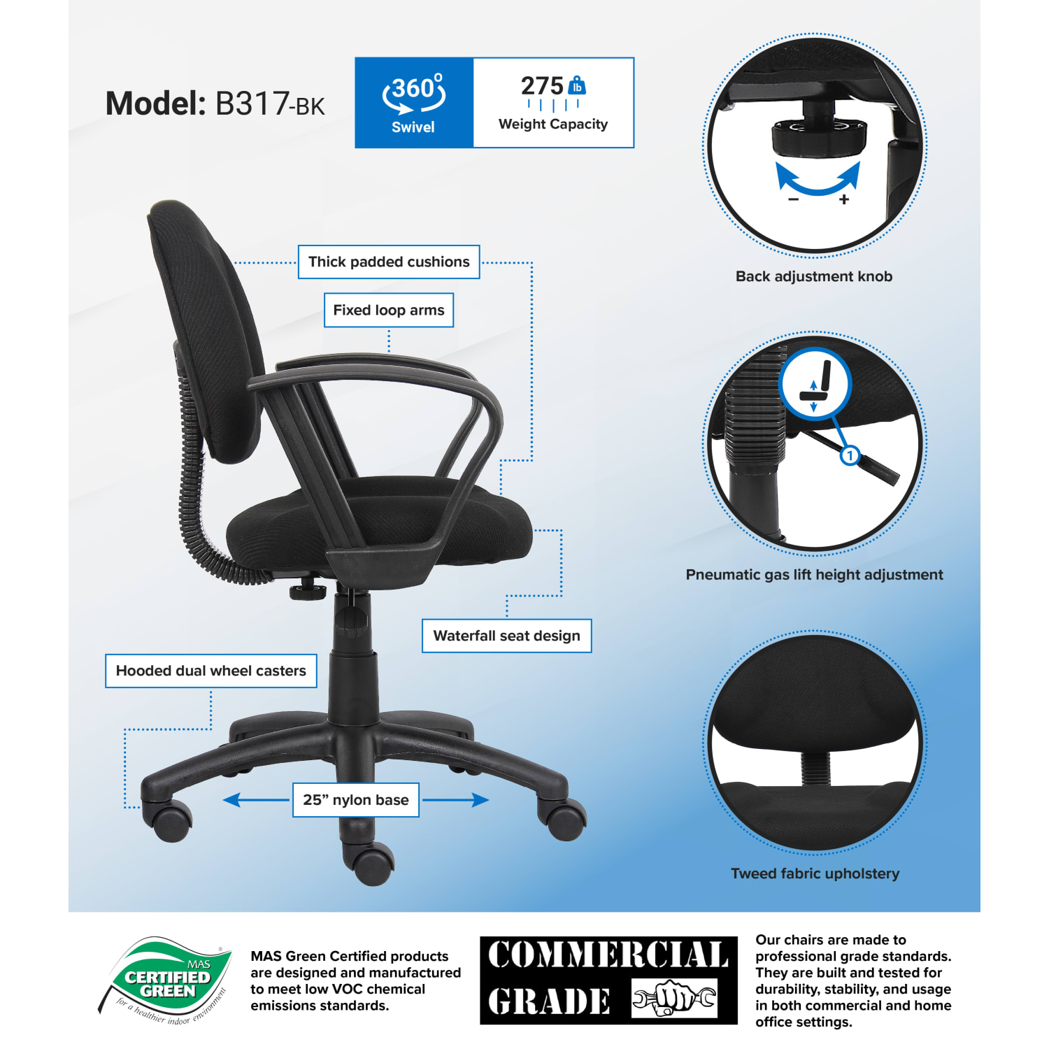 Boss Office Products Perfect Posture Ergonomic Fabric MidBack Deluxe Office Task Chair With Loop Arms Black PopularChairscom Boss Office Products Perfect Posture Ergonomic Fabric Mid Back Deluxe Office Task Chair With Loop Arms Black PopularChairscom