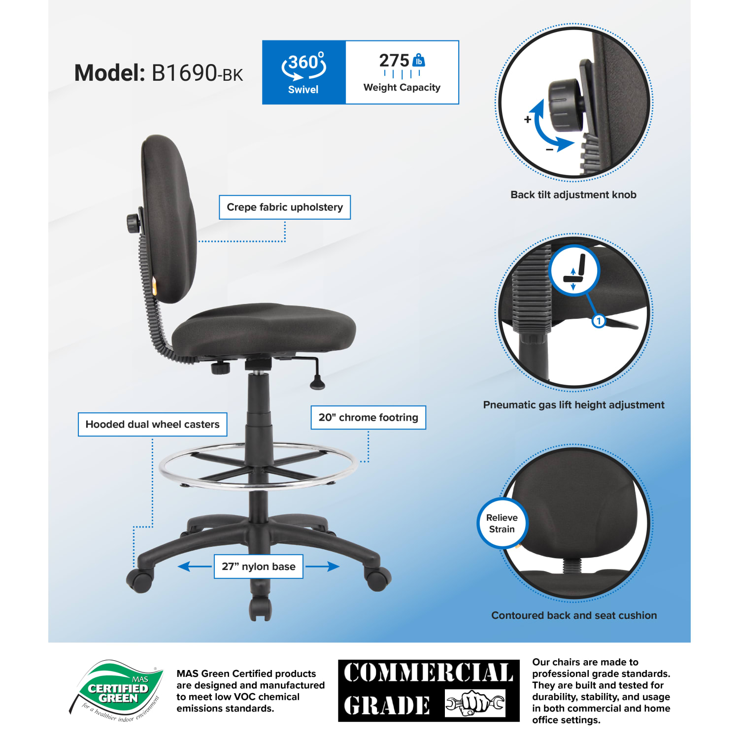 Boss Office Products Stand-Up Fabric Drafting Chair With Back, Black - Image 3