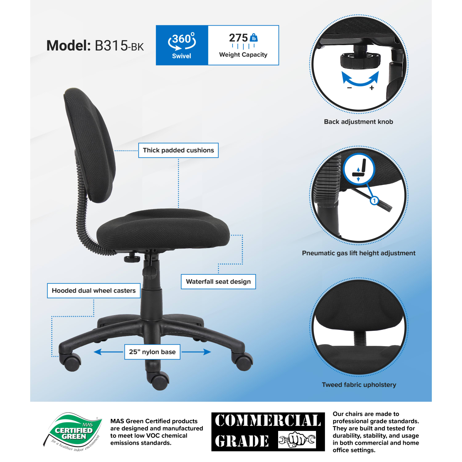 Boss Office Products Perfect Posture Deluxe Ergonomic Fabric Mid Back Office Task Chair Black PopularChairscom