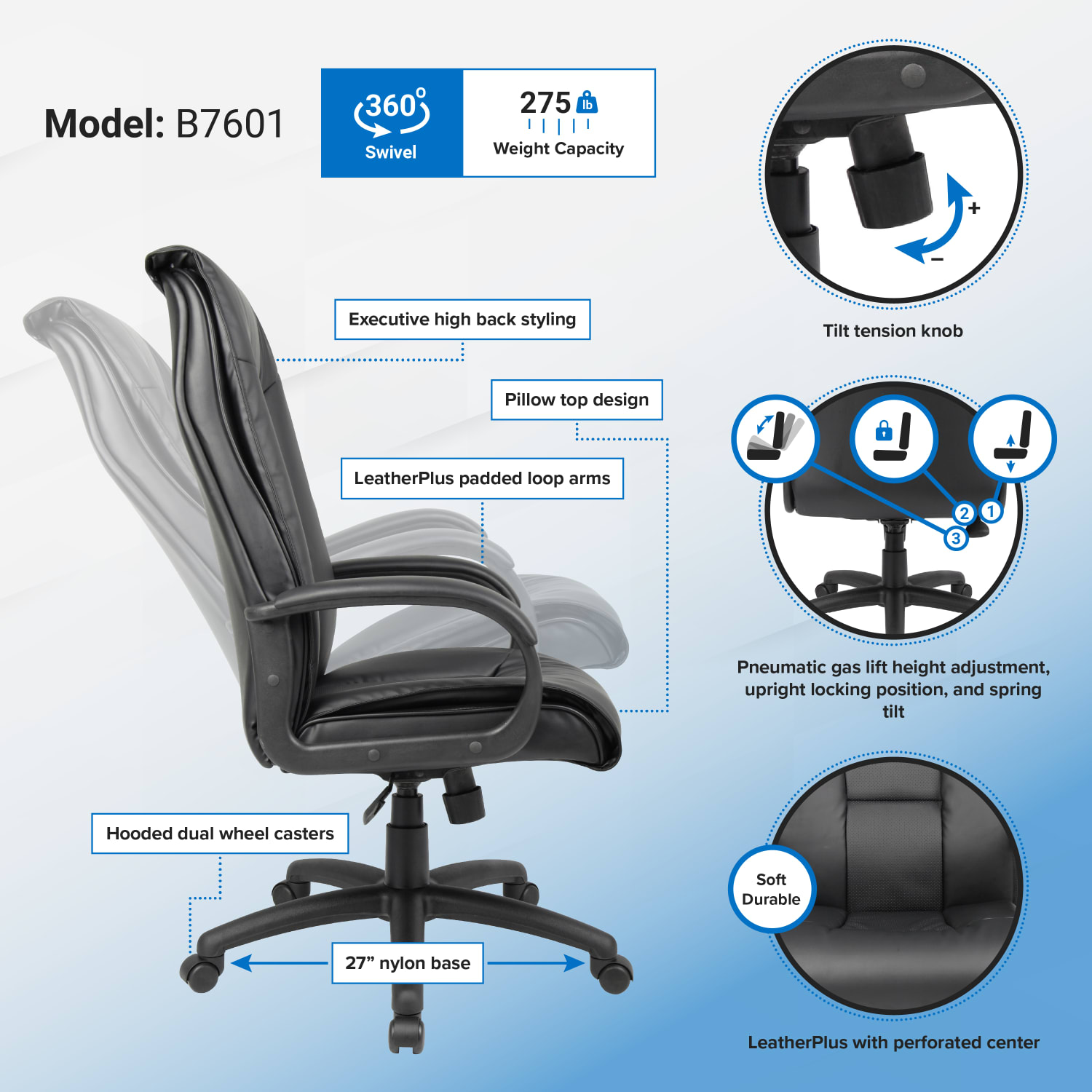 Boss Office Products Ergonomic Vinyl High-Back Chair, Black - Image 3