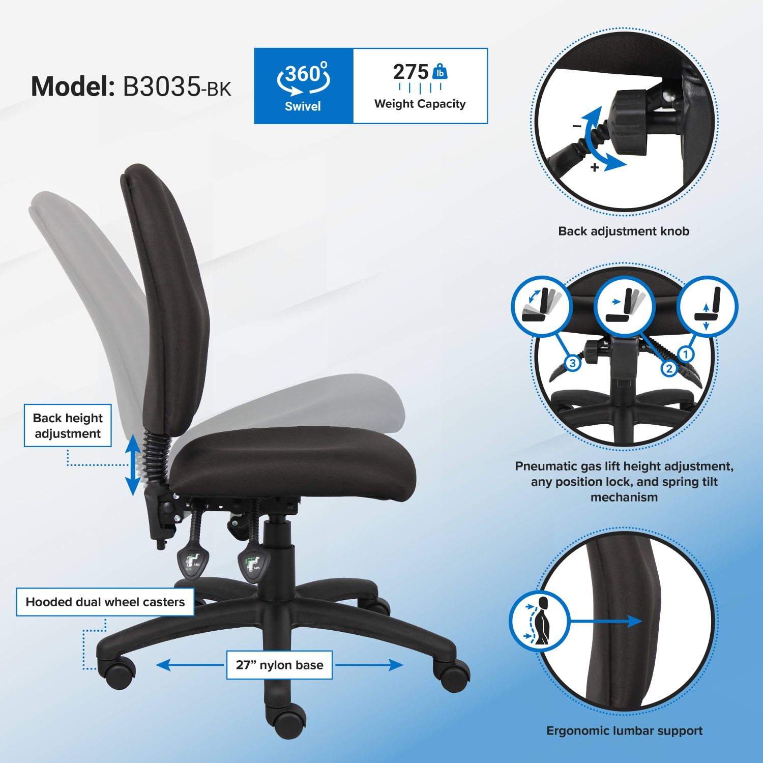 Boss Office Products Multi-Function Ergonomic Fabric High-Back Task Chair, Black - Image 5