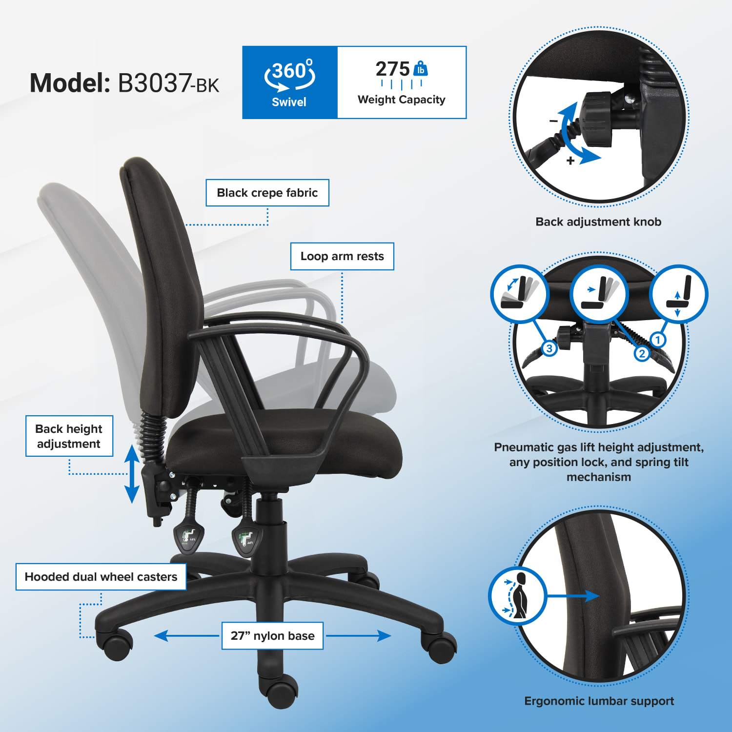 Boss Office Products Multi Function Ergonomic Fabric High Back Task Chair With Loop Arms Black PopularChairscom