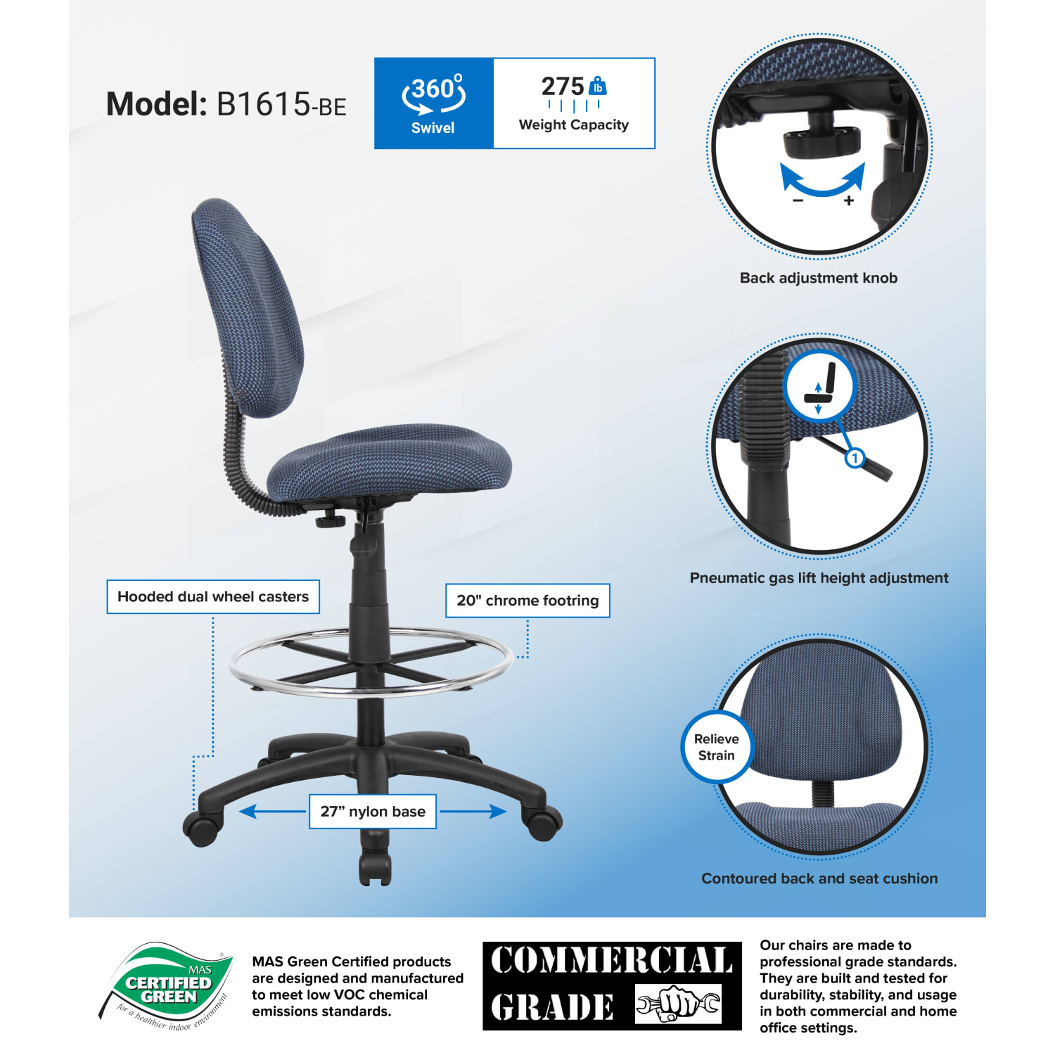 Boss Office Products Drafting Stool No Arms BlueChrome B1615BE PopularChairscom Boss Office Products Drafting Stool No Arms BlueChrome B1615 BE PopularChairscom