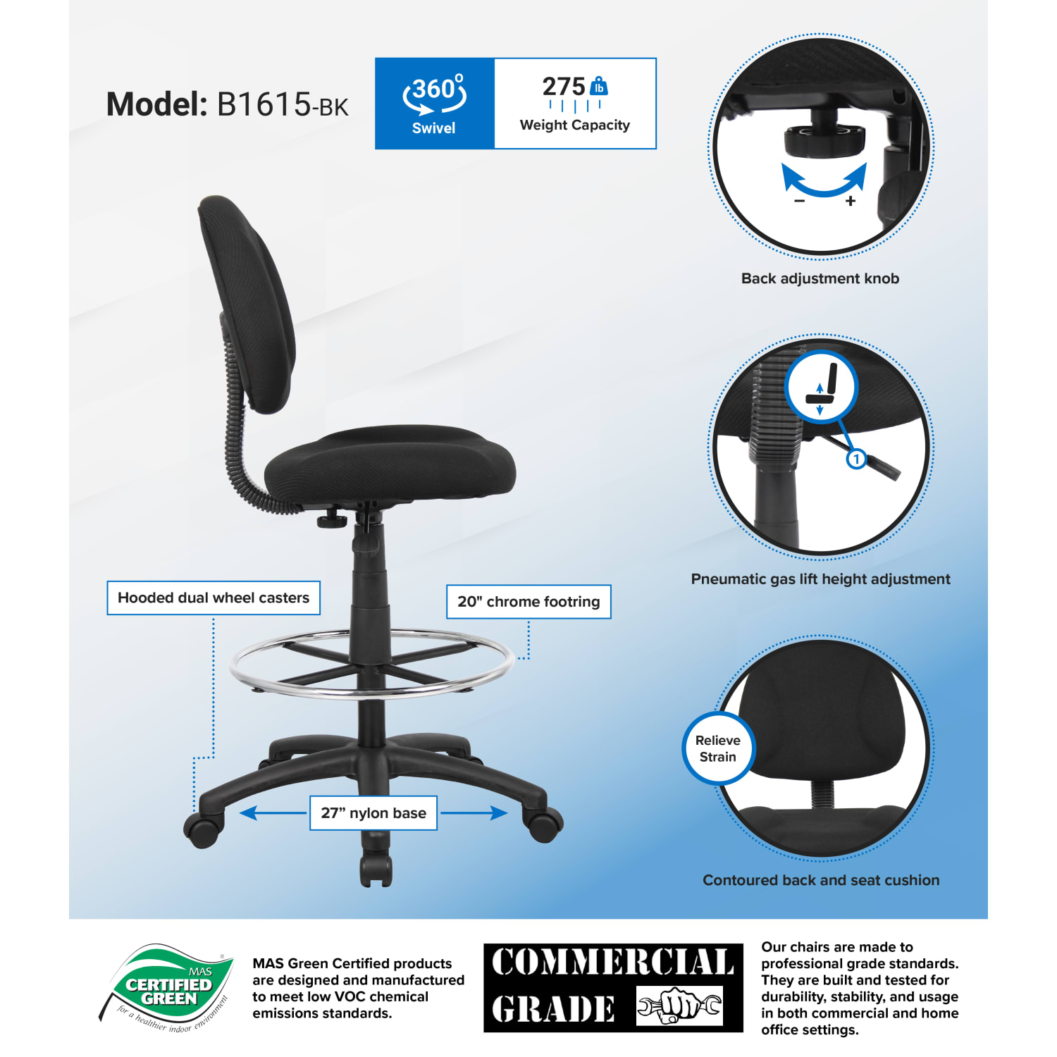 Boss Office Products Ergonomic Works Adjustable Drafting Chair Without Arms BlackChrome PopularChairscom Boss Office Products Ergonomic Works Adjustable Drafting Chair Without Arms BlackChrome PopularChairscom