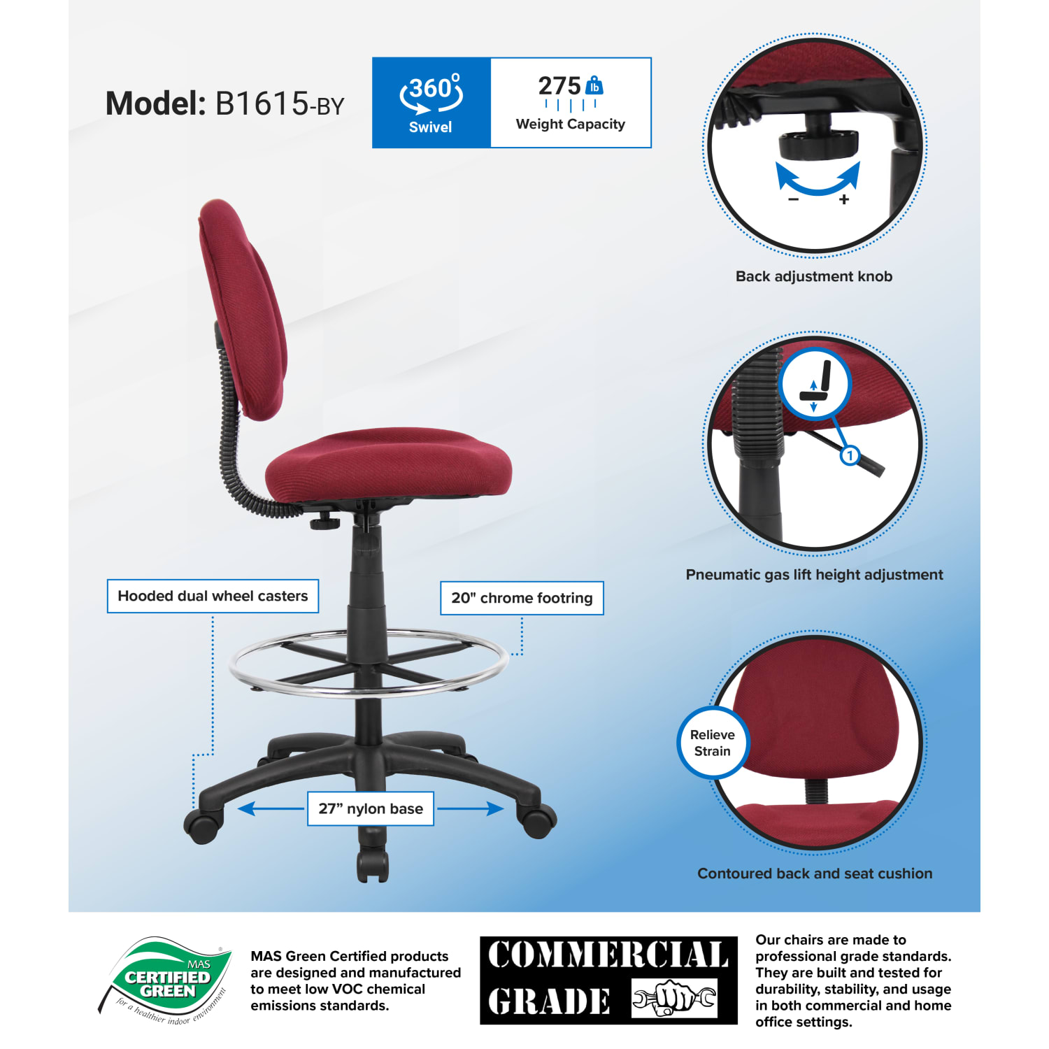 Boss Office Products Drafting Stool No Arms BurgundyChrome B1615BY PopularChairscom Boss Office Products Drafting Stool No Arms BurgundyChrome B1615 BY PopularChairscom