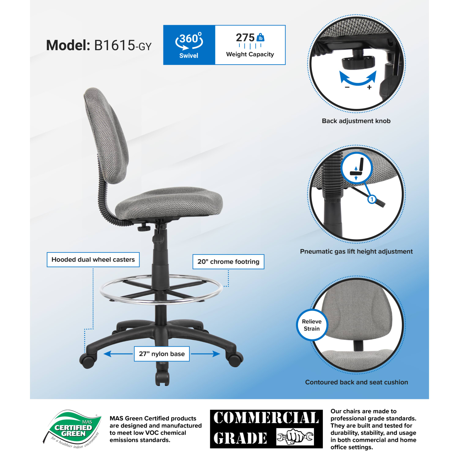 Boss Drafting Stool, Gray/Chrome, B1615-GY - Image 3