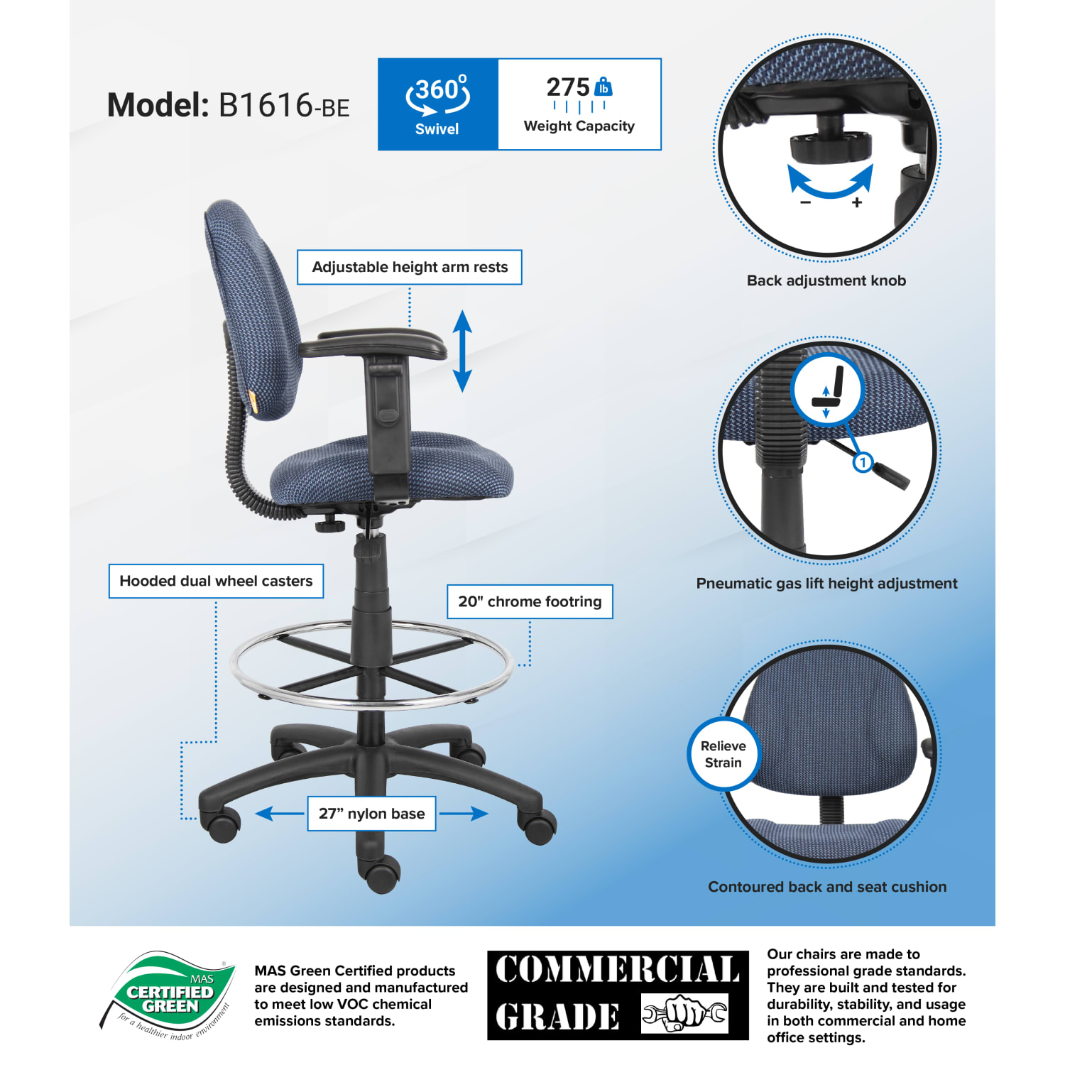 Boss Office Products Drafting Stool, Adjustable Arms - Image 3