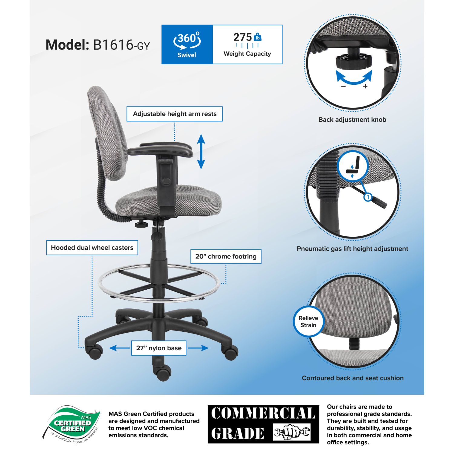 Boss Office Products Drafting Stool, Gray - Image 3
