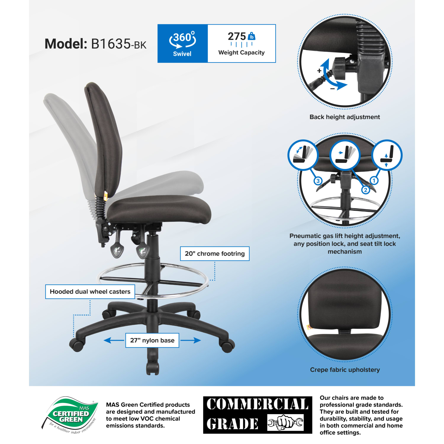 Boss Office Products Fabric Armless Drafting Stool, Black/Chrome - Image 3