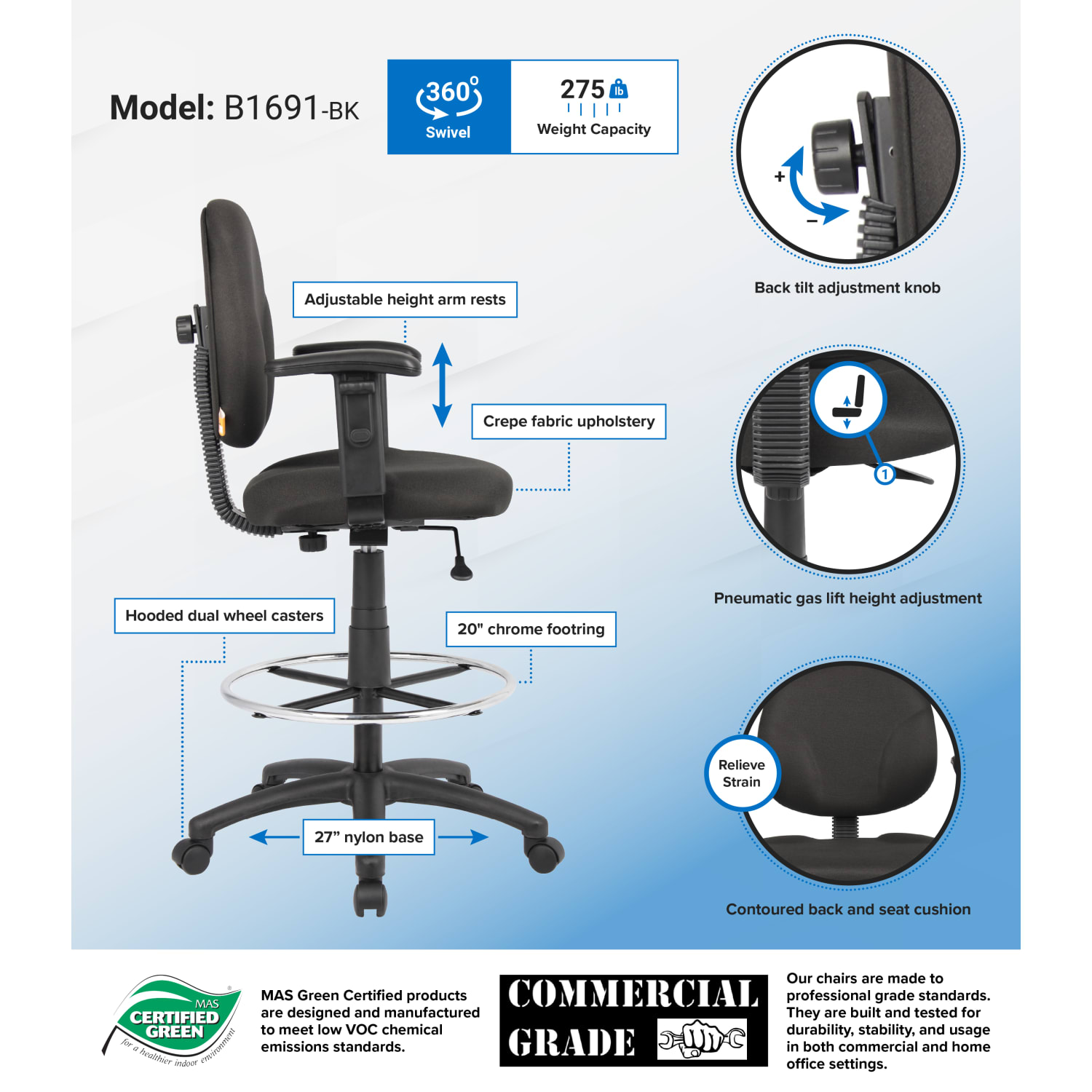Boss Office Products Drafting Stool Adjustable Arms BlackChrome B1691 BK PopularChairscom