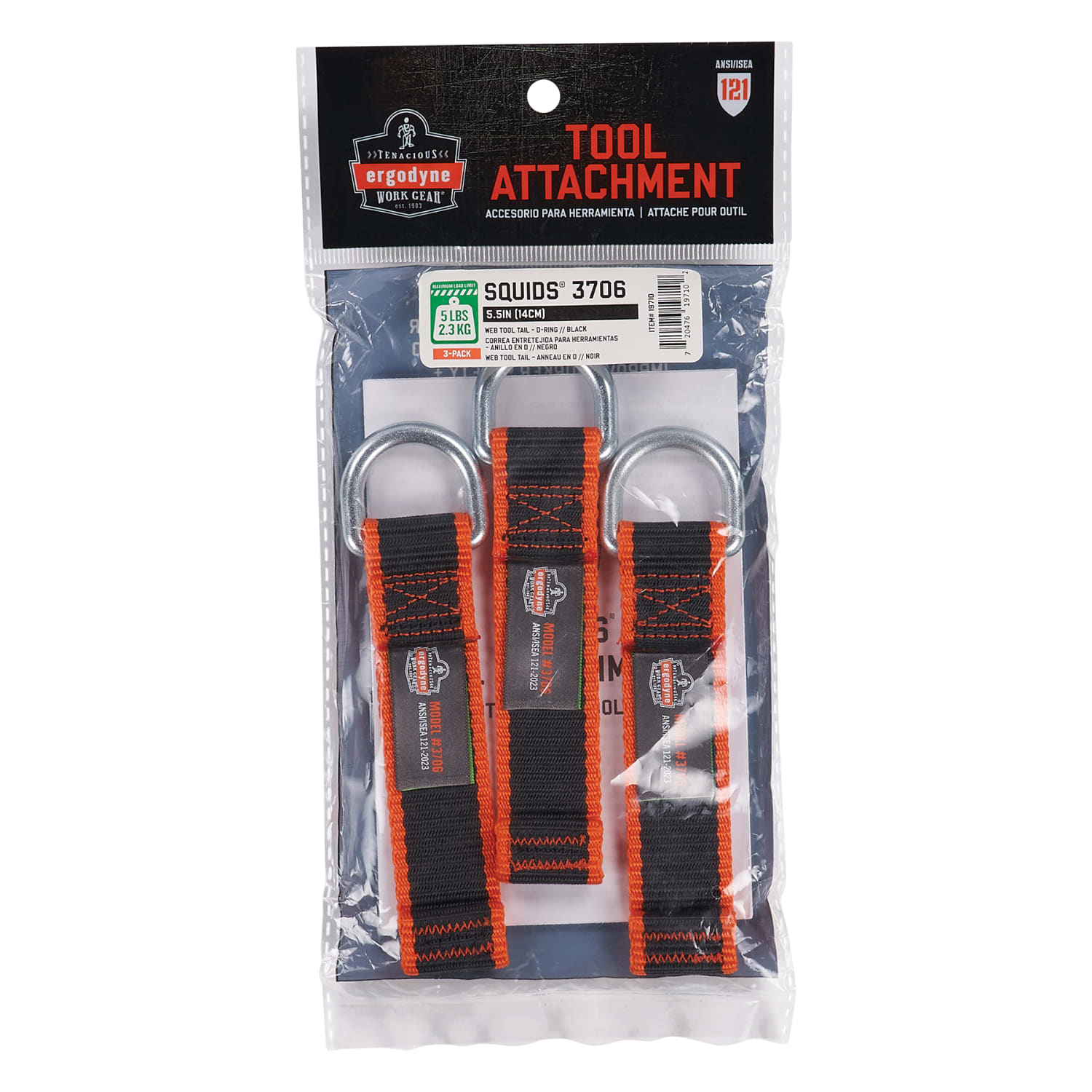 Ergodyne Squids 3706 Web Tool Tethers, 5-1/2in, Black, Pack Of 3 Tethers