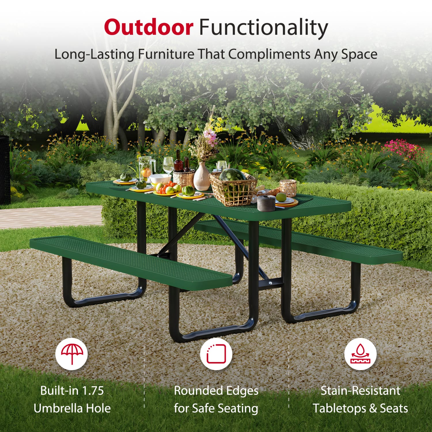 Leisure Craft Rectangle Outdoor Picnic Table, 29-11/16inH x 72inW x 62inD, Black/Green - Image 4