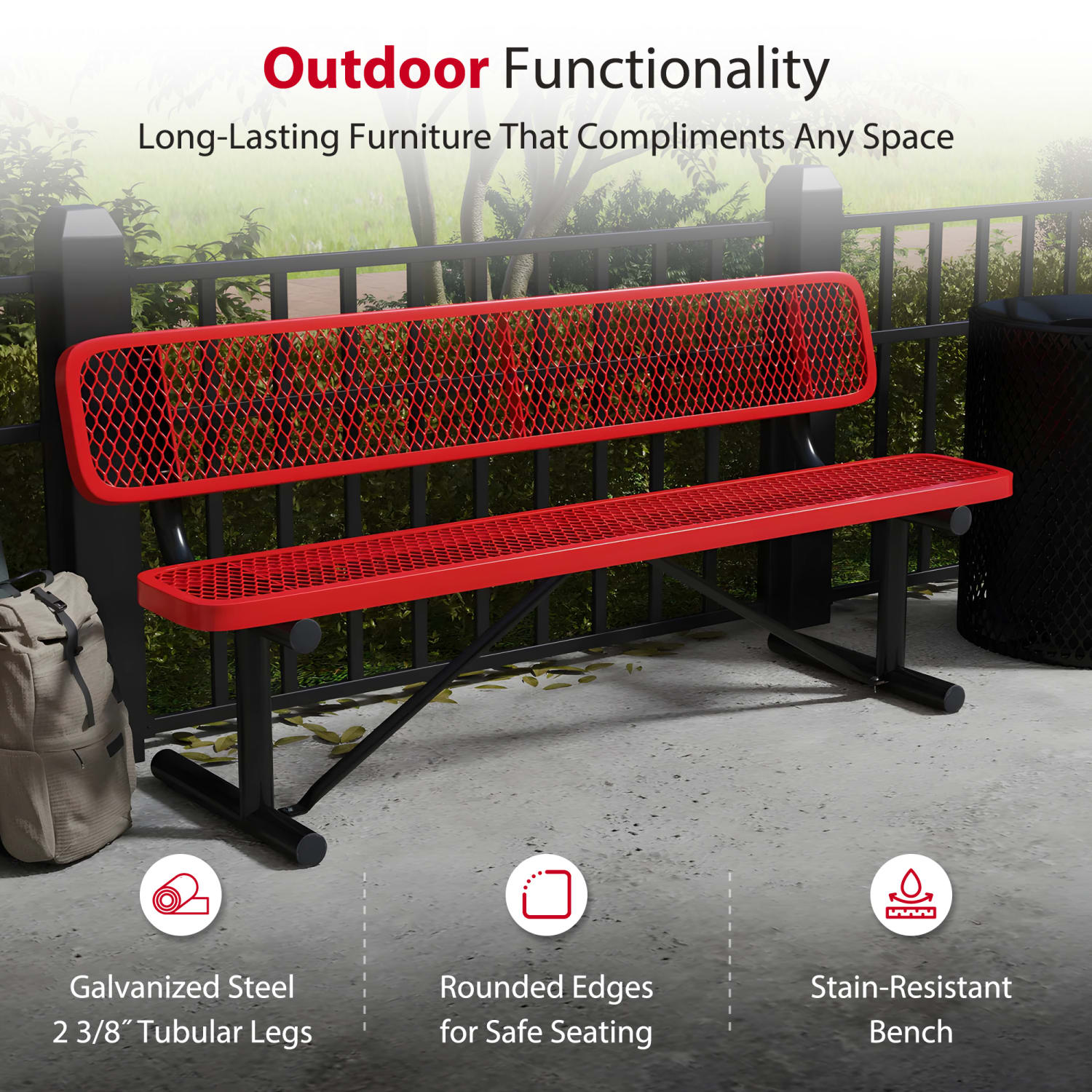 Leisure Craft Outdoor Bench With Back, 32-5/8inH x 72inW x 23-3/4inD, Black/Red - Image 4