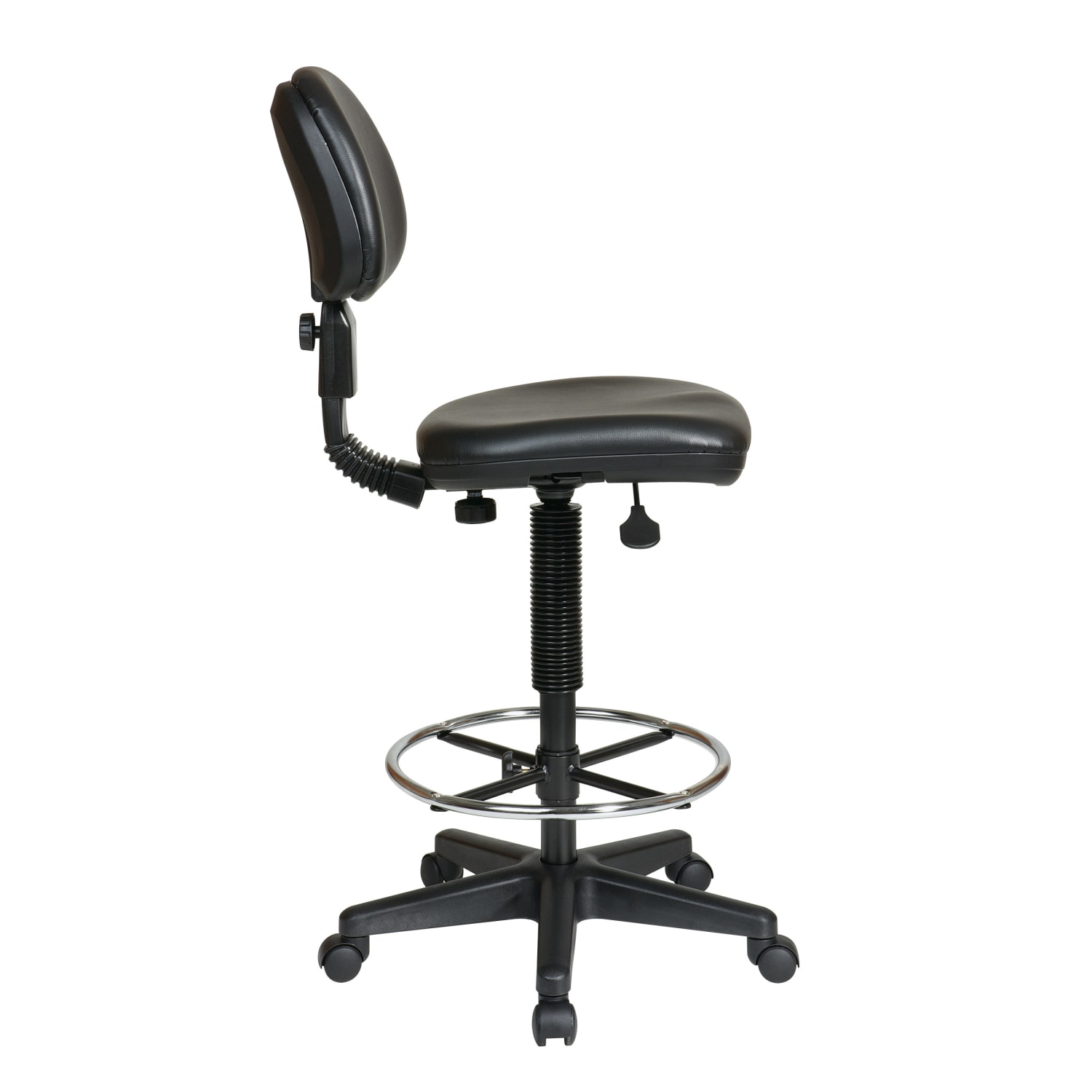 Sculptured Seat and Back Vinyl Drafting Chair with Adjustable Foot ring. Pneumatic Height Adjustment 24in to 34in overall. Heavy Duty Nylon Base with Dual Wheel Carpet Casters - Image 3