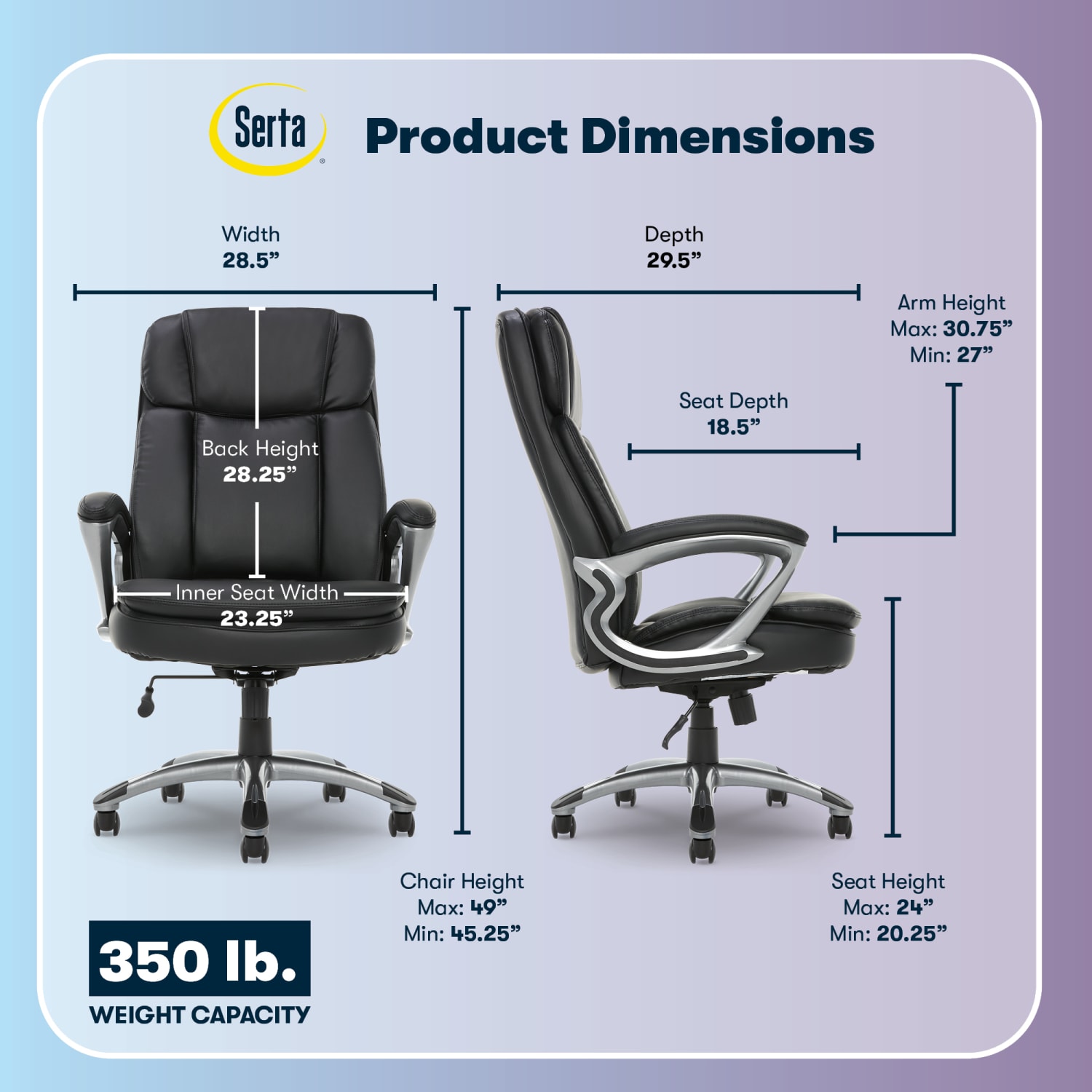 Serta Big And Tall Ergonomic Bonded Leather High-Back Office Chair, Black/Silver - Image 5