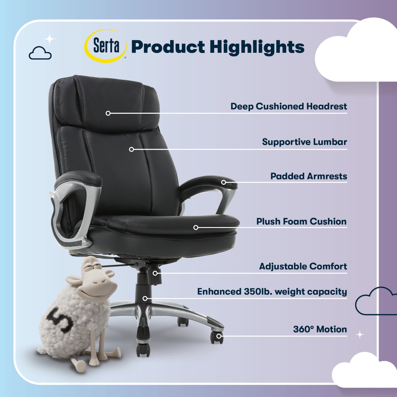 Serta Big And Tall Ergonomic Bonded Leather High-Back Office Chair, Black/Silver - Image 6