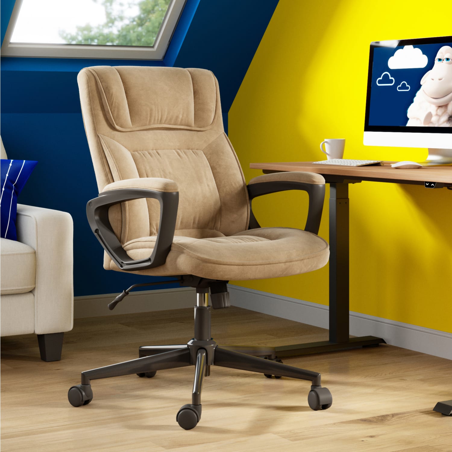 Serta Executive Office Ergonomic Microfiber Mid-Back Chair, Light Beige/Black