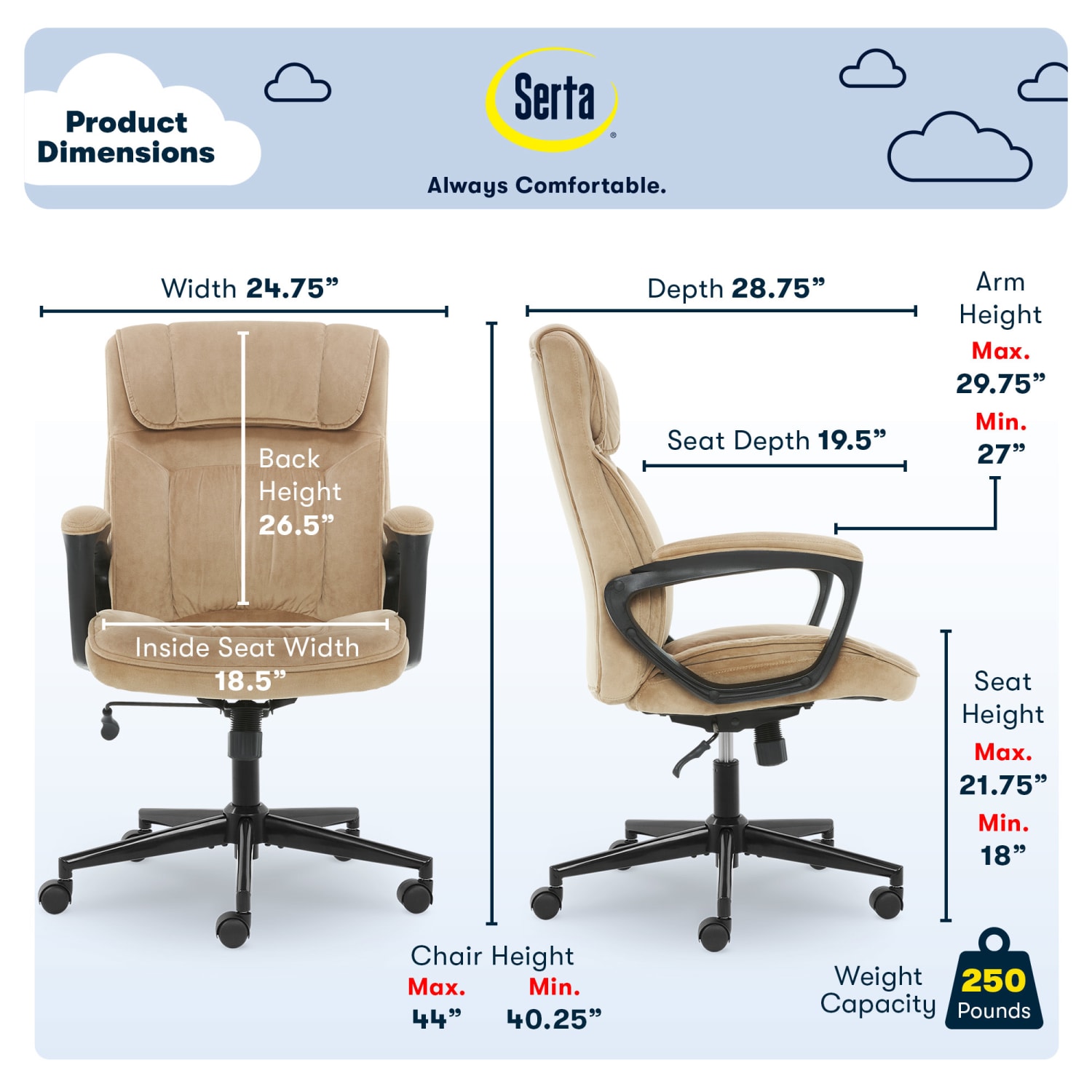Serta Executive Office Ergonomic Microfiber Mid-Back Chair, Light Beige/Black - Image 4