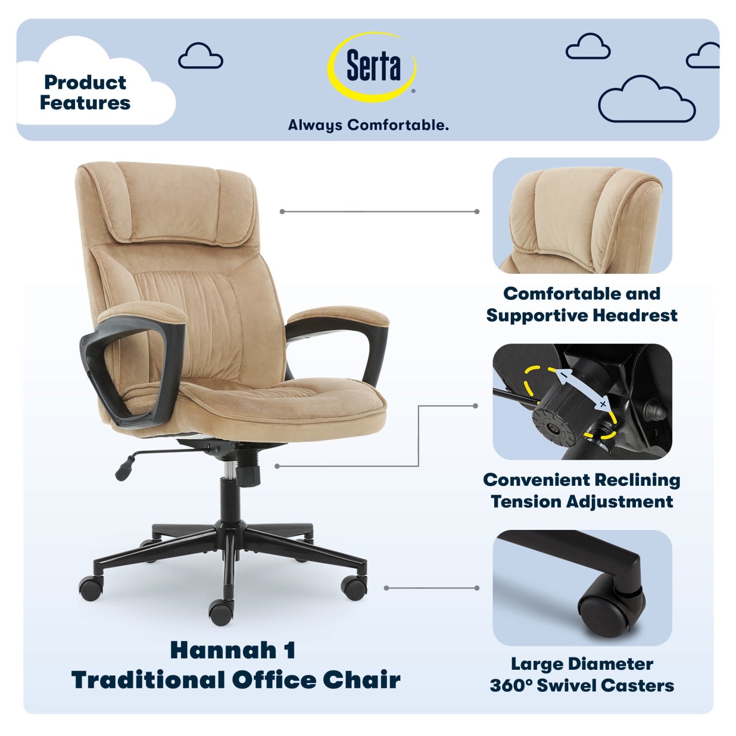 Serta Executive Office Ergonomic Microfiber Mid-Back Chair, Light Beige/Black - Image 5