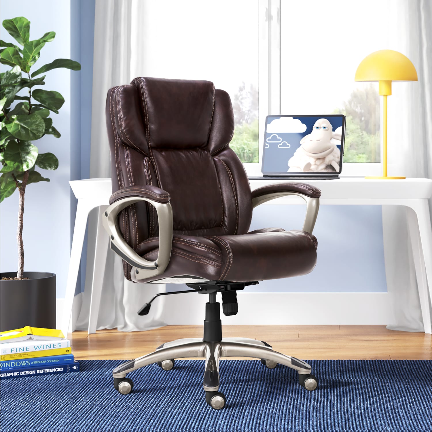 Serta Executive Office Ergonomic Bonded Leather High-Back Chair, Biscuit Brown/Silver