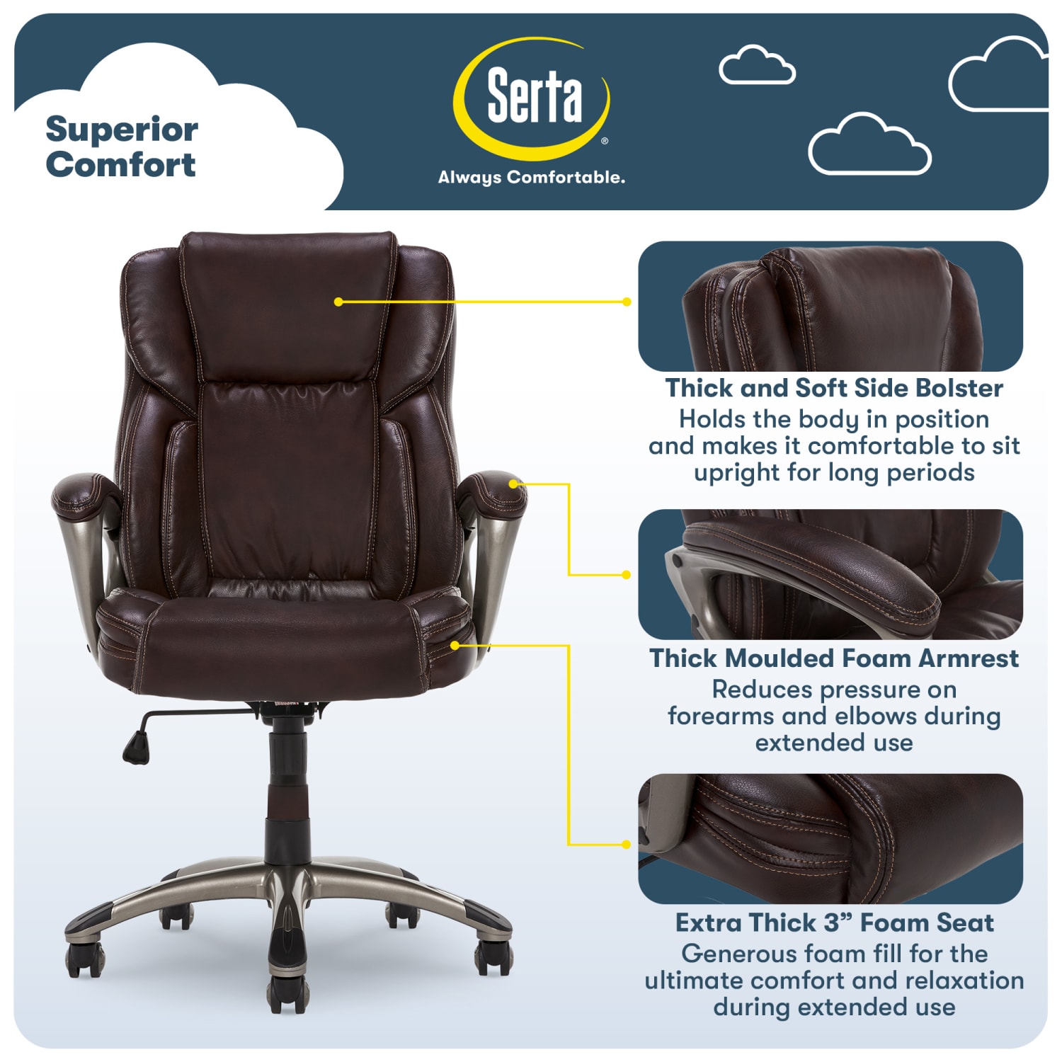 Serta Executive Office Ergonomic Bonded Leather High-Back Chair, Biscuit Brown/Silver - Image 4
