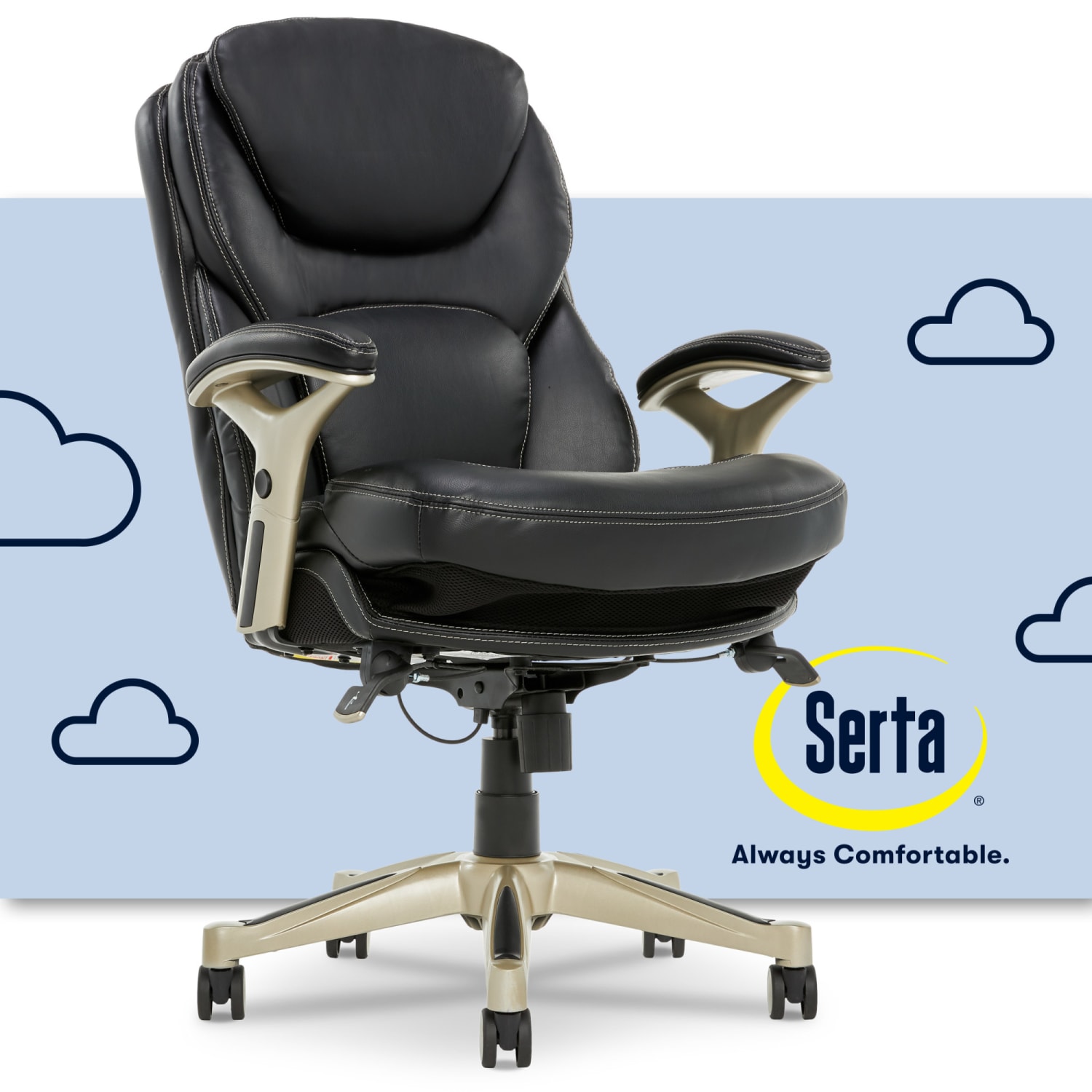 Serta Back in Motion Health And Wellness Ergonomic Bonded Leather Mid-Back Office Chair, Black/Silver - Image 3