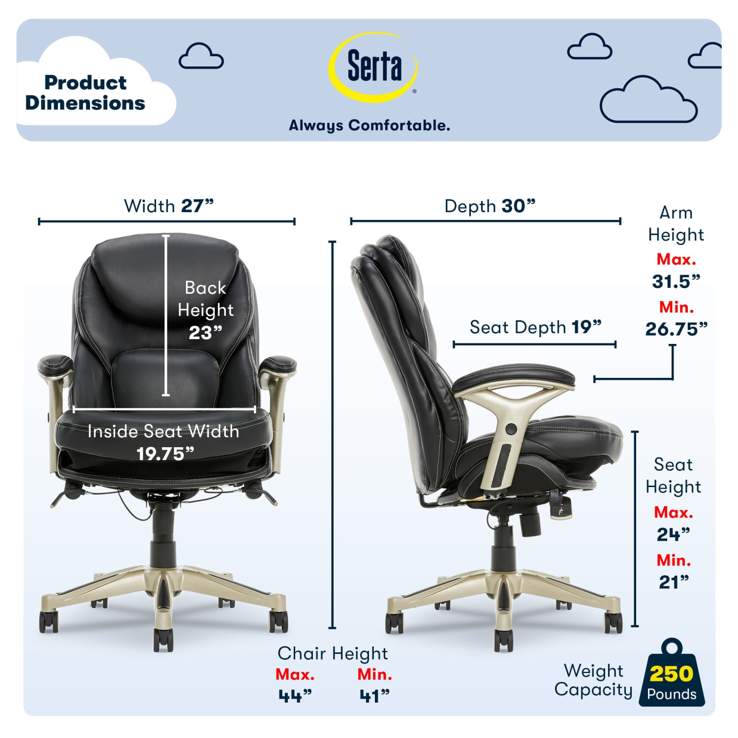 Serta Back in Motion Health And Wellness Ergonomic Bonded Leather Mid-Back Office Chair, Black/Silver - Image 4