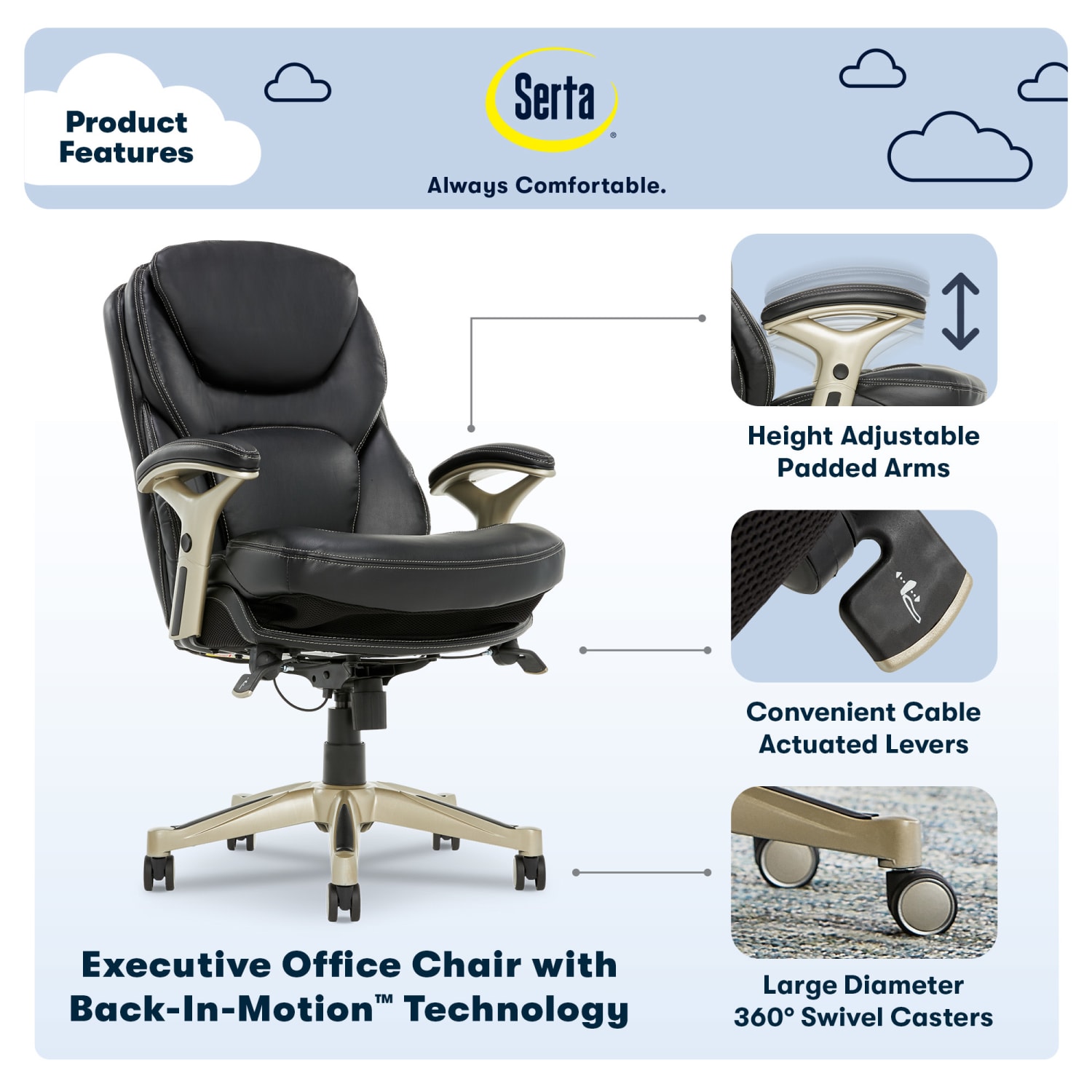 Serta Back in Motion Health And Wellness Ergonomic Bonded Leather Mid-Back Office Chair, Black/Silver - Image 5