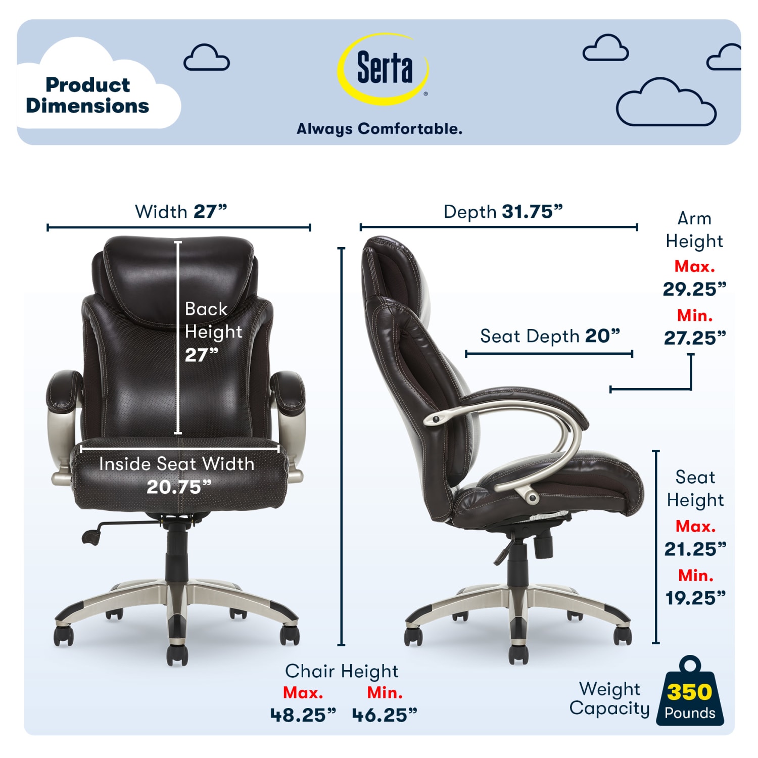 Serta Dayton Big and Tall Executive Office Chair with AIR Technology, Roasted Chestnut/Silver - Image 4