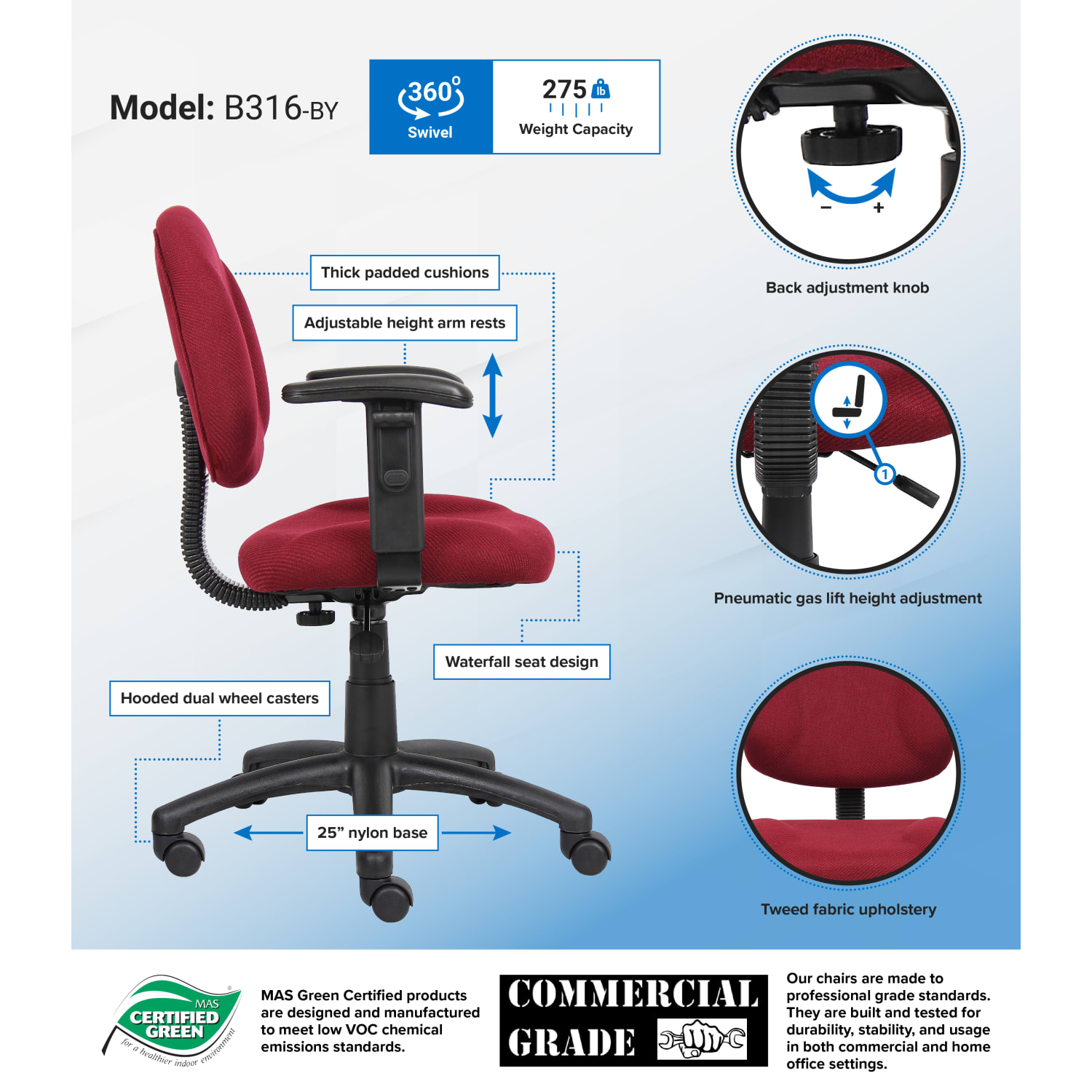 Boss Office Products Posture Mid Back Task Chair BlackBurgundy PopularChairscom