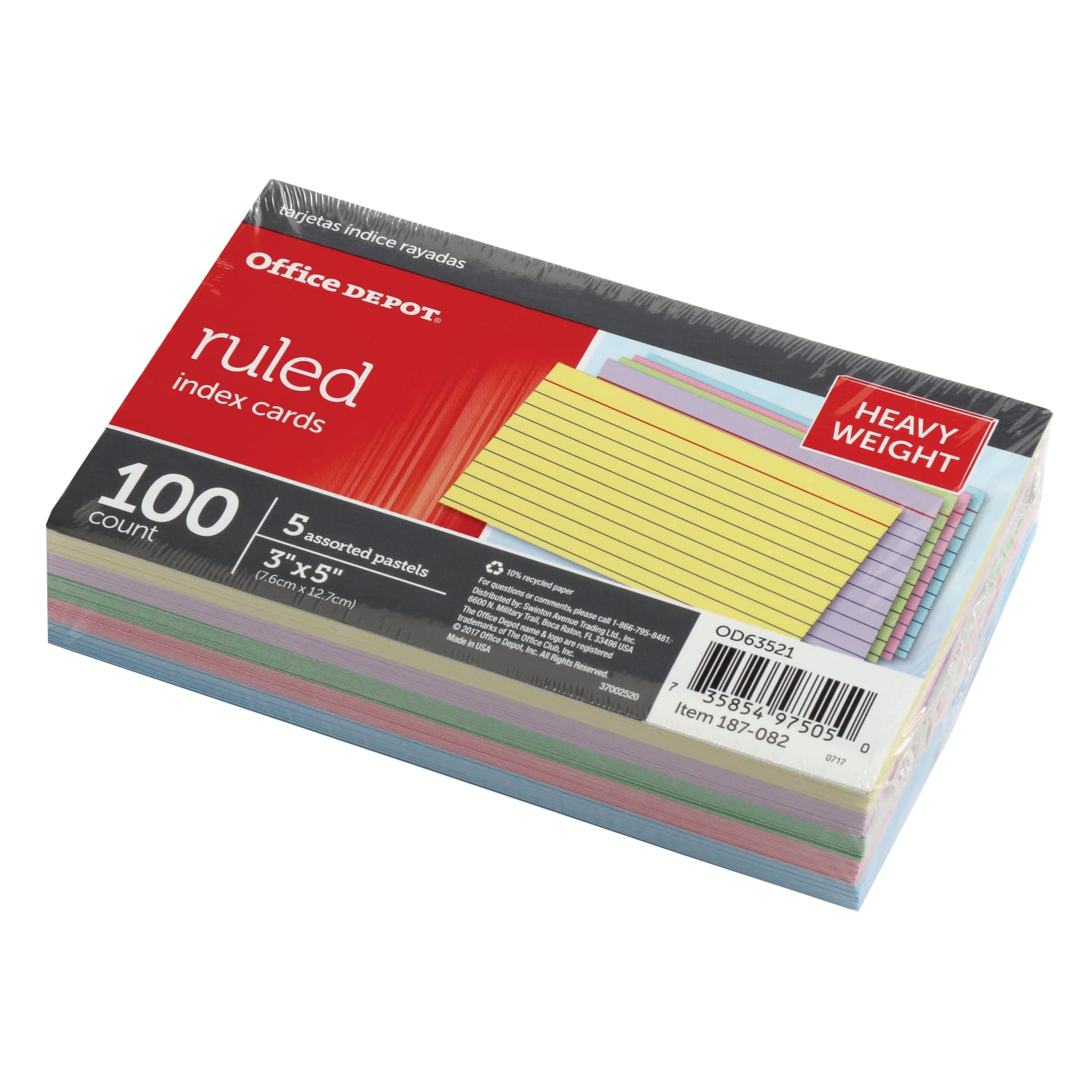 Office Depot Brand Heavy-Weight Index Cards, 3in x 5in, Ruled, Assorted Rainbow, 100 Cards Per Pack