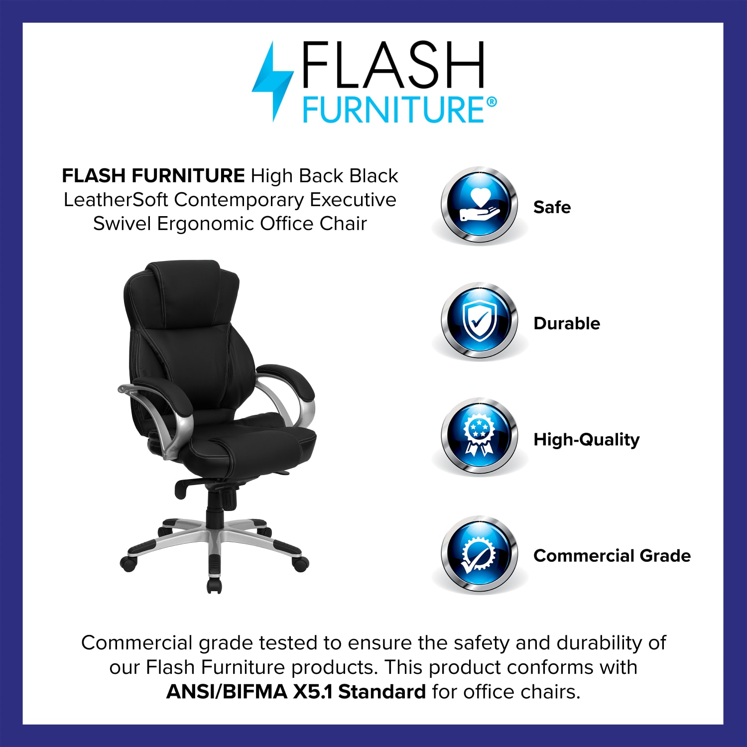 Flash Furniture Contemporary LeatherSoft Faux Leather High-Back Swivel Chair, Black/Silver - Image 5