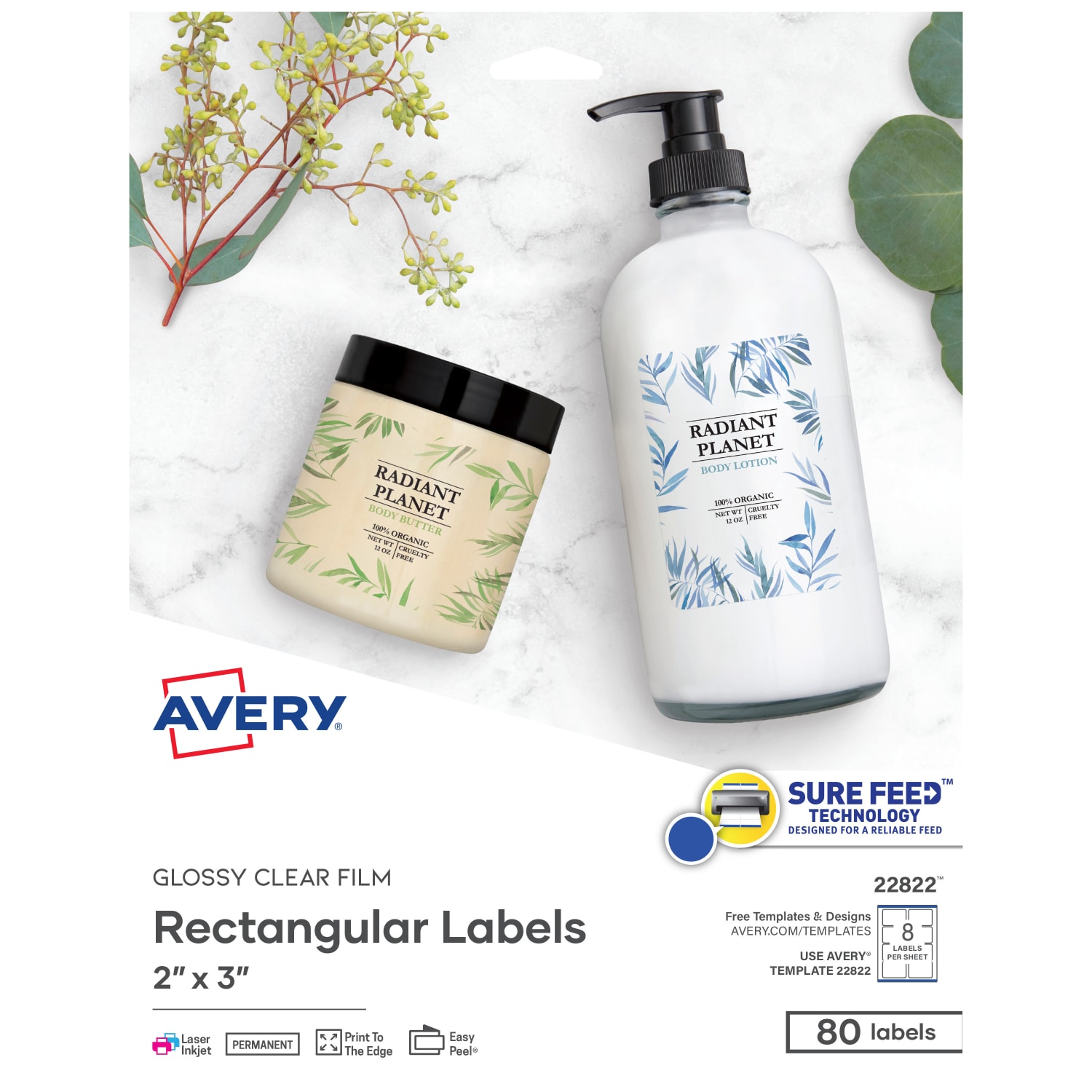 Avery Easy Peel TrueBlock Print-To-The-Edge Inkjet/Laser Labels, Rectangular, 22822, 2in x 3in, Glossy Clear, Pack Of 80