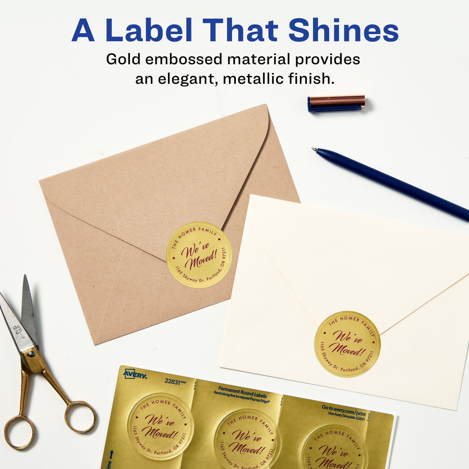 Avery Printable Embossed Foil Labels, 22831, Round, 2in Diameter, Gold, Pack Of 96 Customizable Labels - Image 3