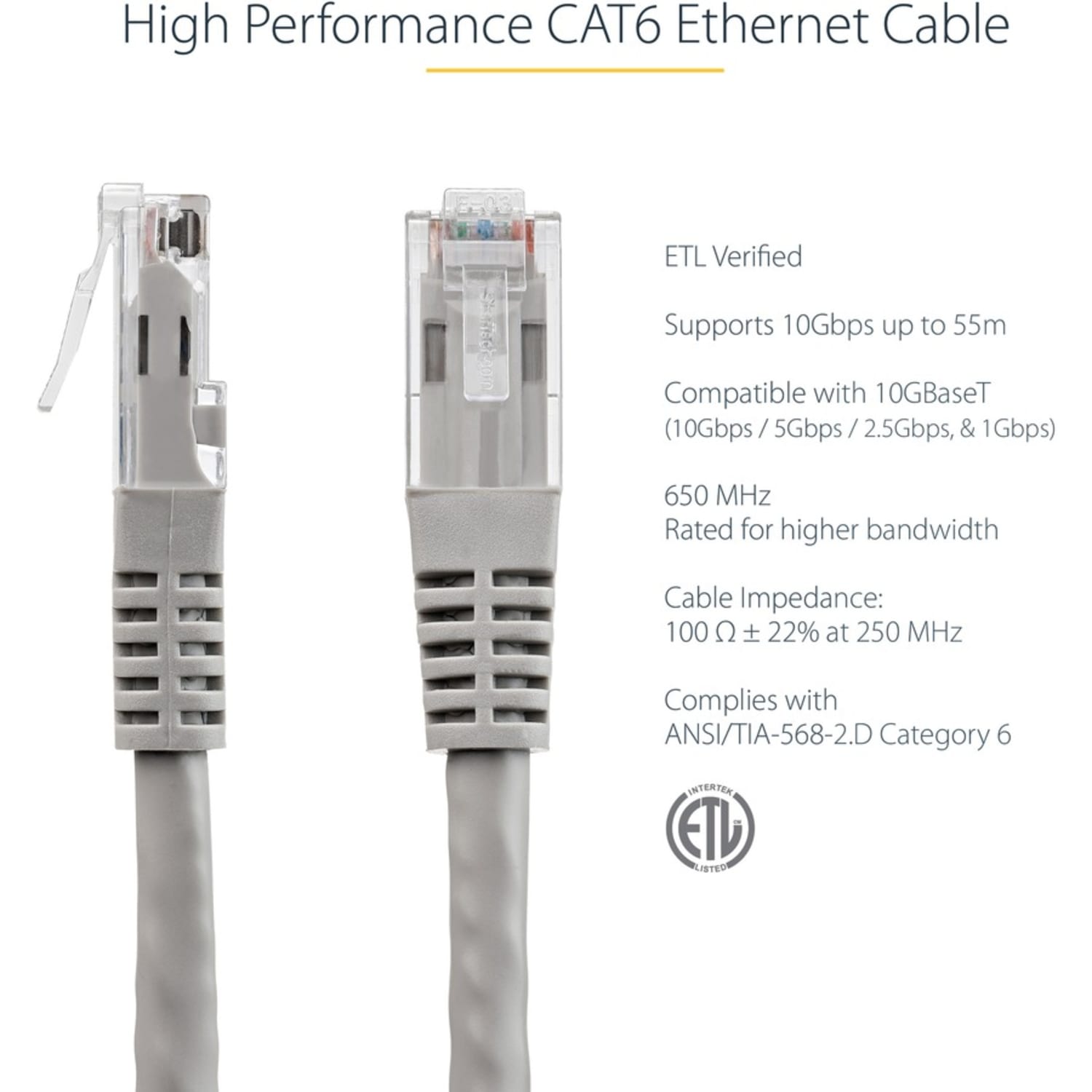 StarTech.com 10ft CAT6 Ethernet Cable - Gray Molded Gigabit CAT 6 Wire - 100W PoE RJ45 UTP 650MHz - Category 6 Network Patch Cord UL/TIA - Image 5