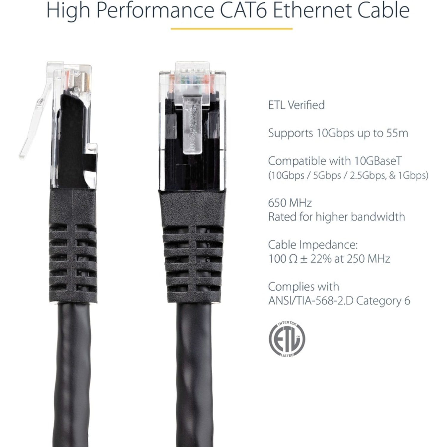 StarTech.com 35ft CAT6 Ethernet Cable - Black Molded Gigabit CAT 6 Wire - 100W PoE RJ45 UTP 650MHz - Category 6 Network Patch Cord UL/TIA - 35ft Black CAT6 up to 160ft - 650MHz - 100W PoE - 35 foot UL ETL verified - Image 5