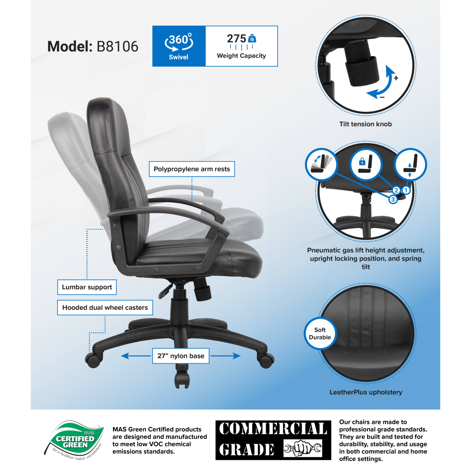 Boss Office Products Ergonomic Mid-Back Leather Chair, Black - Image 11